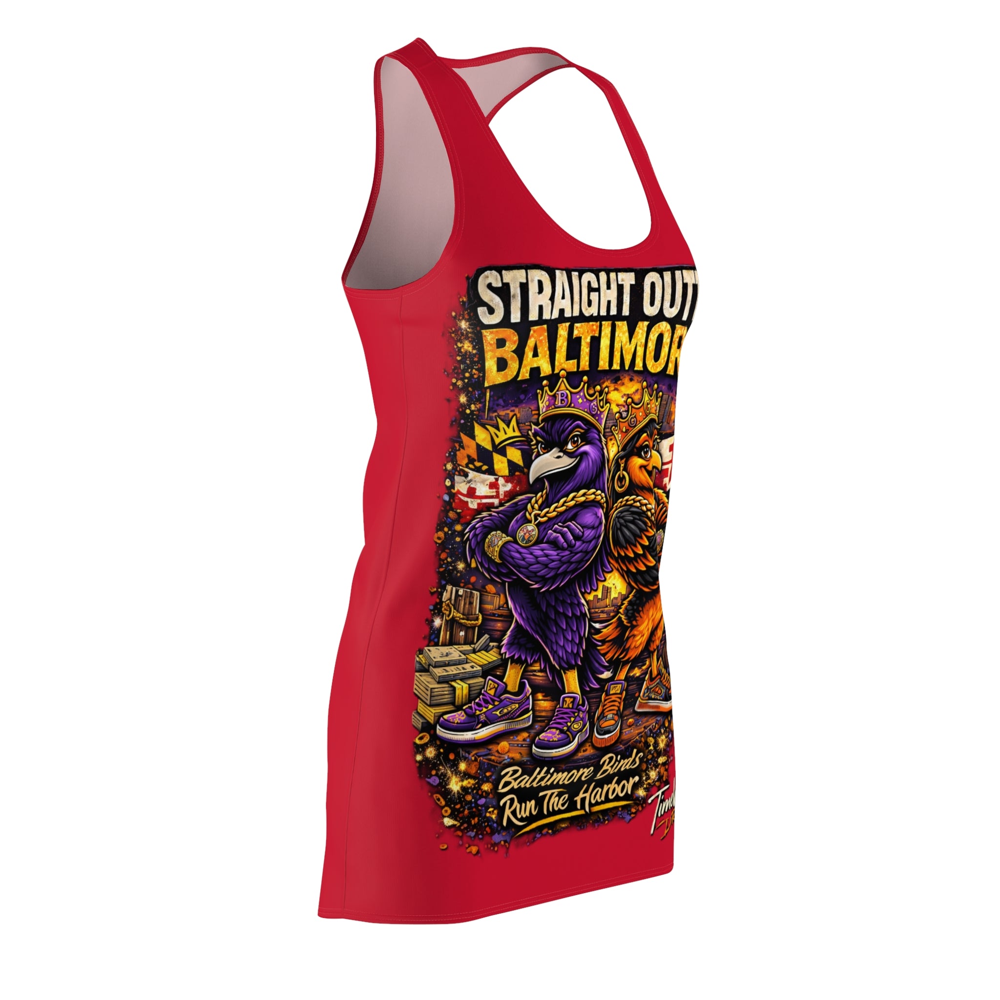 The Printify Red Racerback Dress - Straight Outta Baltimore - "Charm City Attitude" features two cartoon ravens in streetwear, cityscape and Maryland flag details, plus the phrases "Straight Outta Baltimore" and "Baltimore Birds Run the Harbor!.