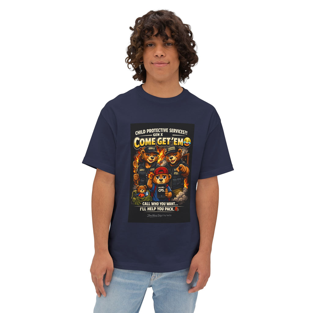 A person with curly hair stands against a plain white background wearing the TimeWarp Drip Generation X Parenting "Come Get Em" oversized boxy tee in navy blue, featuring a colorful cartoon graphic and playful text about child protective services.