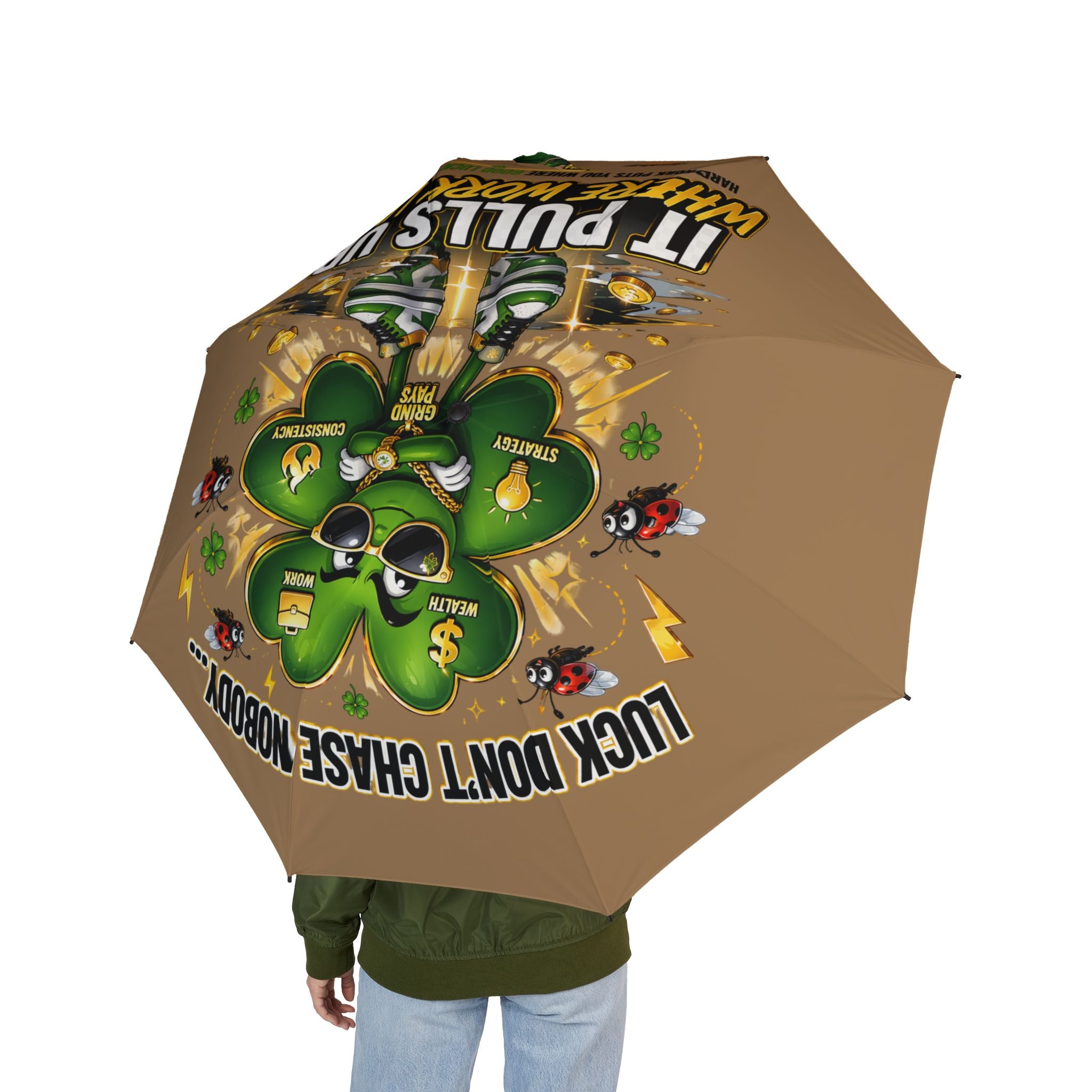 TimeWarp Drip Streetwise flex: Rocking a brown Printify 48" foldable umbrella, Lucky Clover drip, bold motivational graphic, rainproof swagger. streetwear apparel