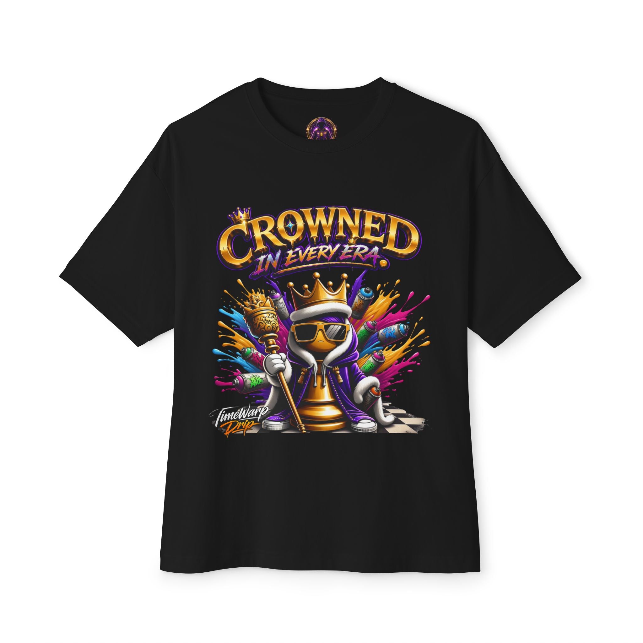 Black t-shirt with colorful graphic design featuring a chess piece with a crown and royal staff with an explosive paint background