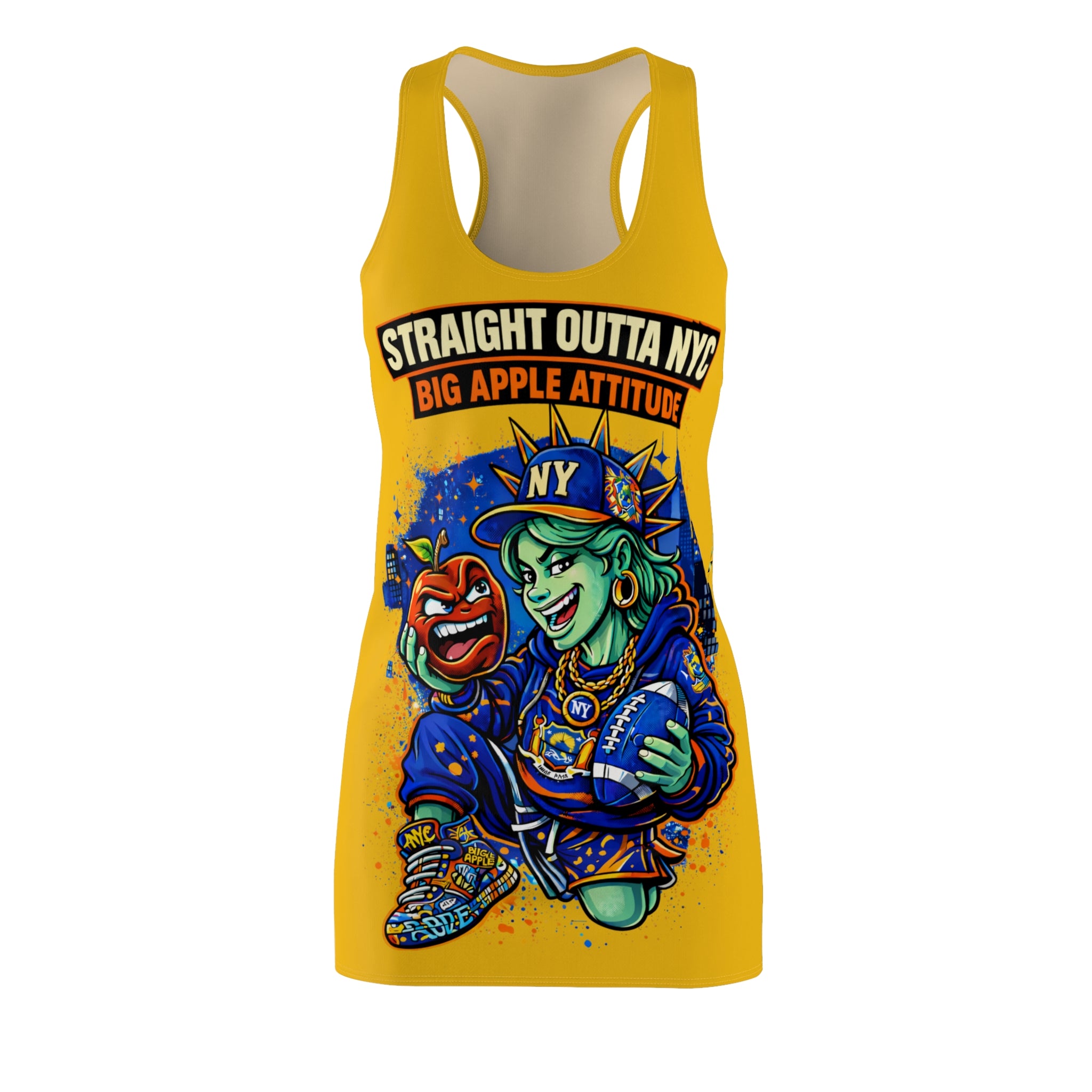 Yellow racerback dress with all-over NYC "Big Apple Attitude" print, stylishly designed for a bold, urban look.
