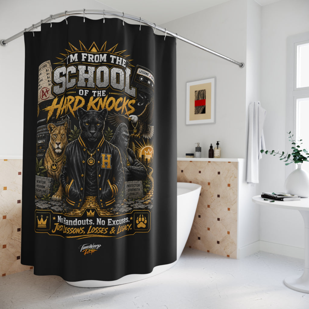 TimeWarp Drip – Shower curtain in bold black with fierce varsity-animal graphics, urban-inspired for luxe city bathroom vibes. | premium streetwear