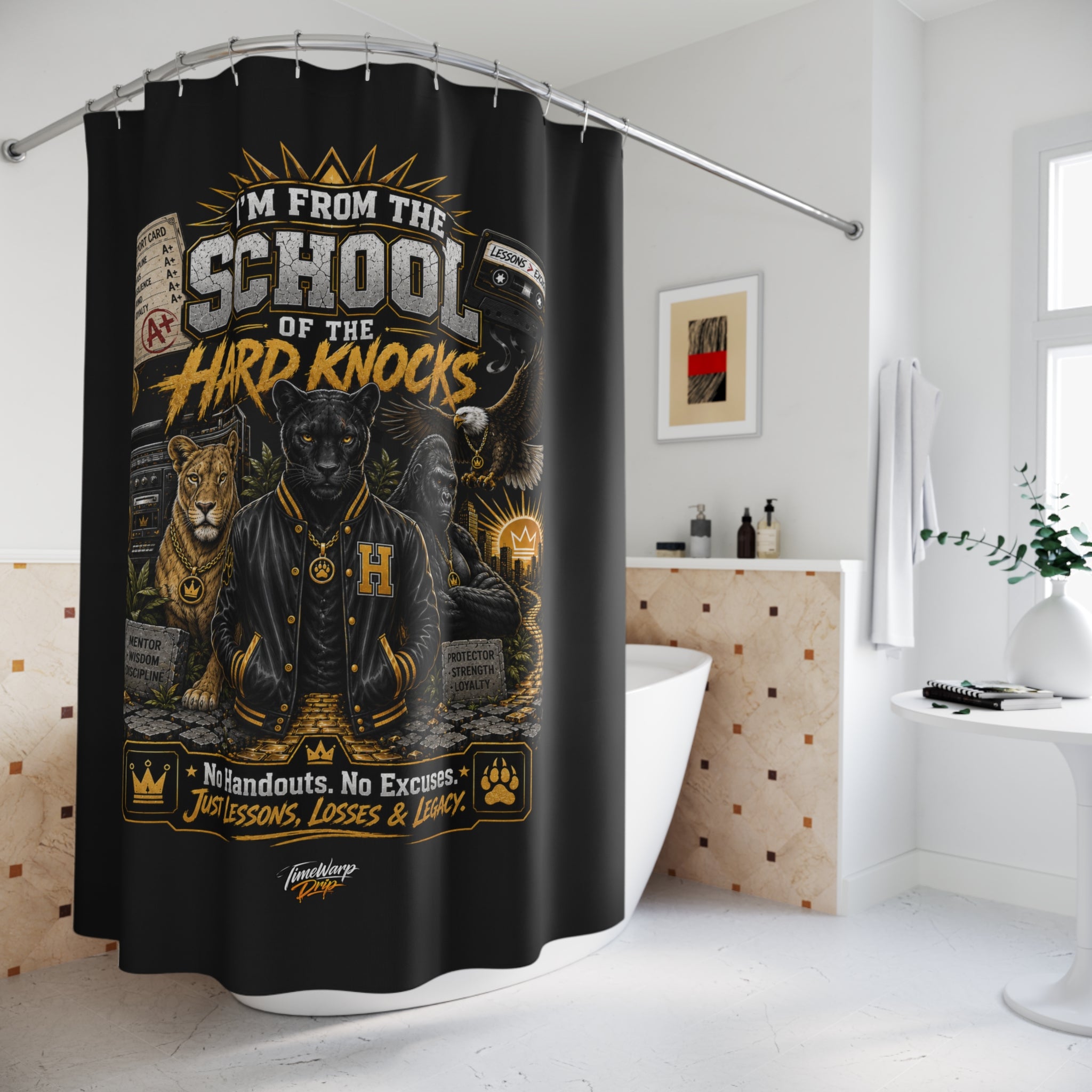 TimeWarp Drip – Shower curtain in bold black with fierce varsity-animal graphics, urban-inspired for luxe city bathroom vibes. | premium streetwear