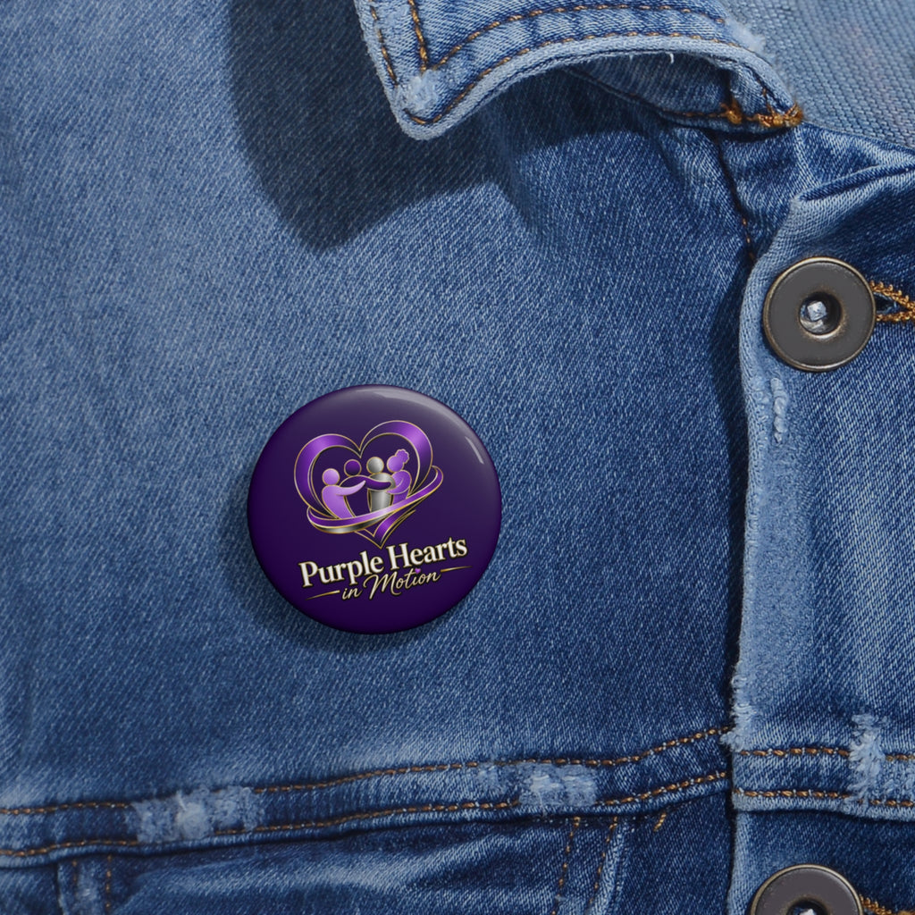 TimeWarp Drip Purple Hearts In Motion pin—bold purple charity button drippin’ on a crisp denim jacket, streetwear with heart. 