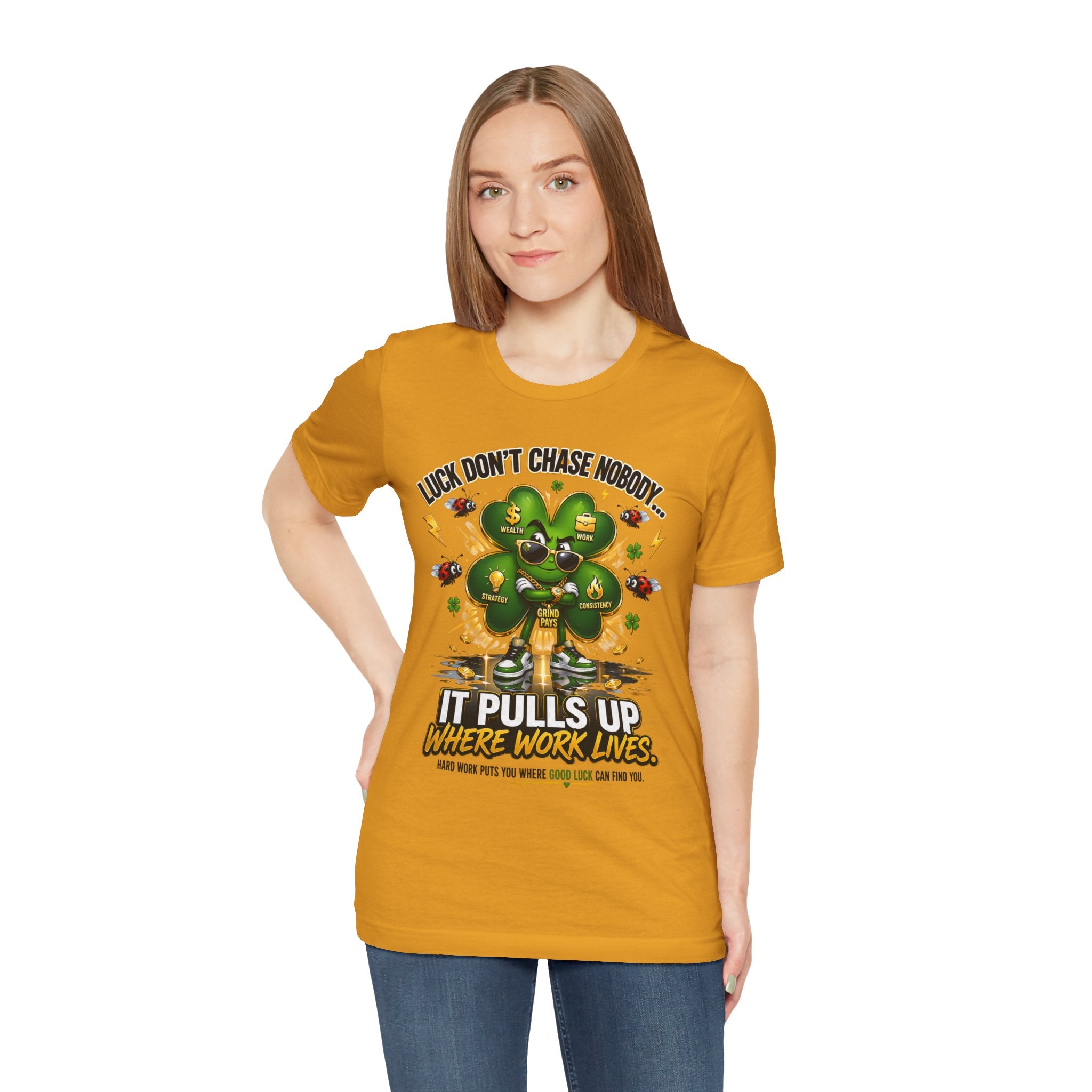 TimeWarp Drip Confident woman rocks a black Printify streetwear tee, bold "Luck Don't Chase Nobody" graphic, 4-leaf clover vibe, hustle mode. streetwear apparel