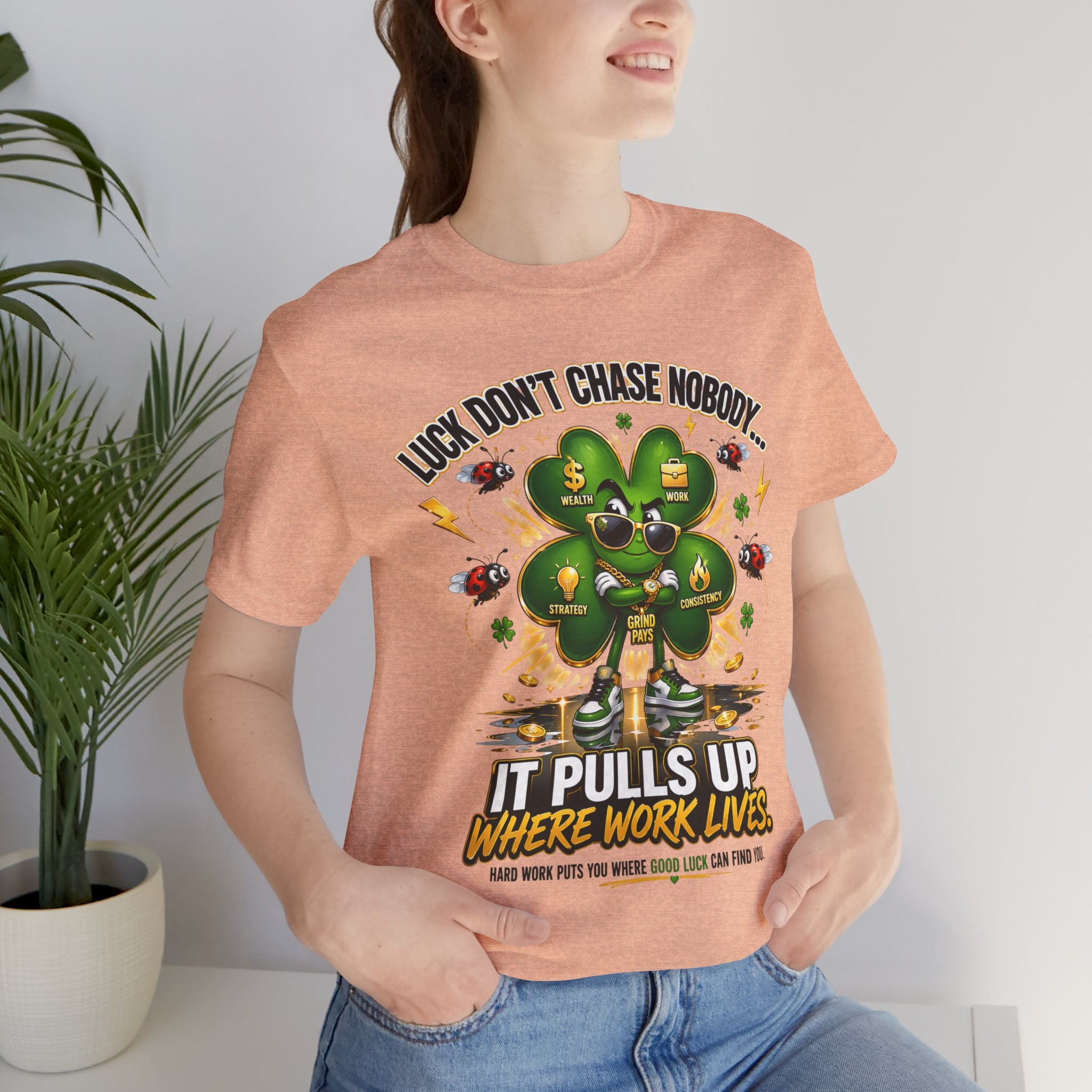 TimeWarp Drip Confident woman rocking a bold black Printify streetwear tee—‘Luck Don’t Chase Nobody’ 4-leaf clover graphic pops. streetwear apparel