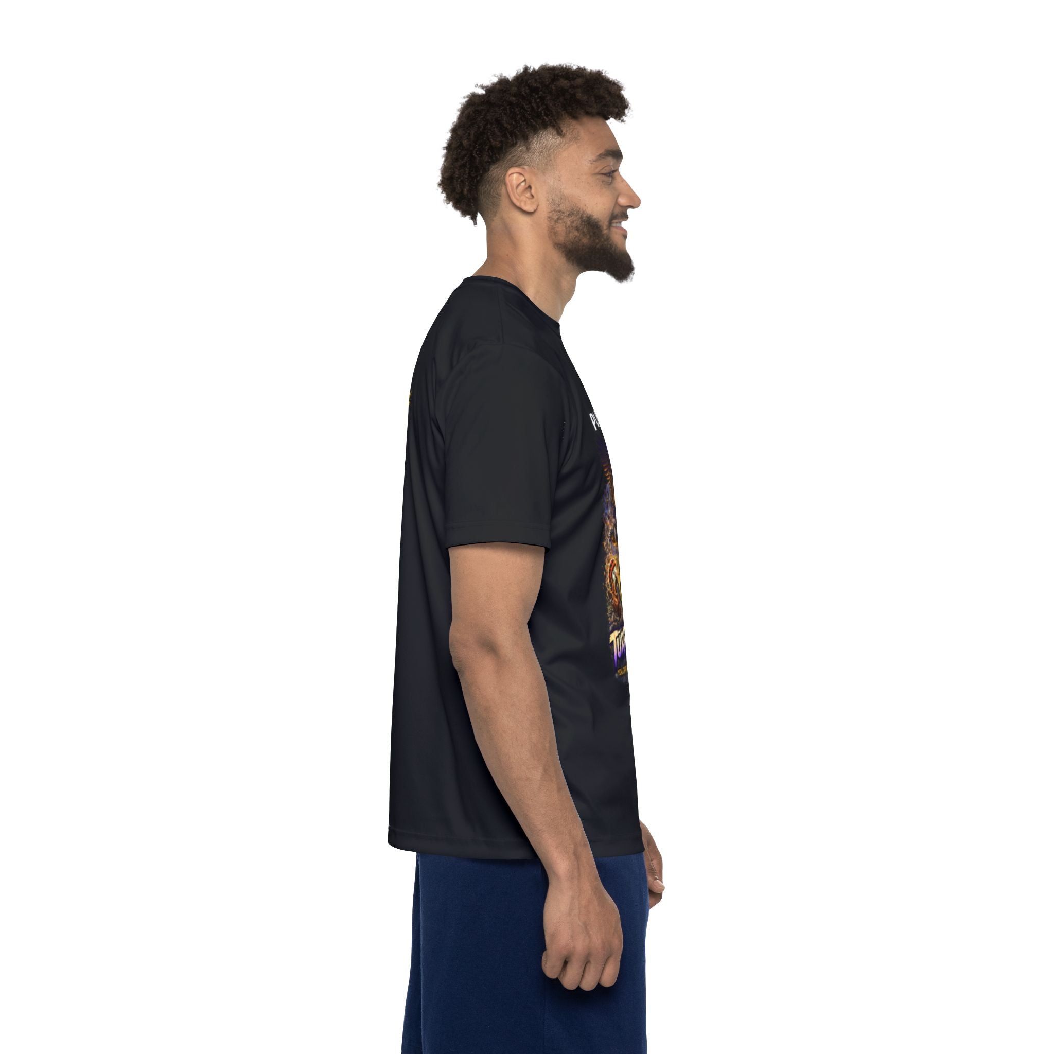 TimeWarp Drip Side view: man rocking TimeWarp Drip’s black Turf Raiders sports jersey—swagger-heavy streetwear on a crisp white backdrop. streetwear apparel