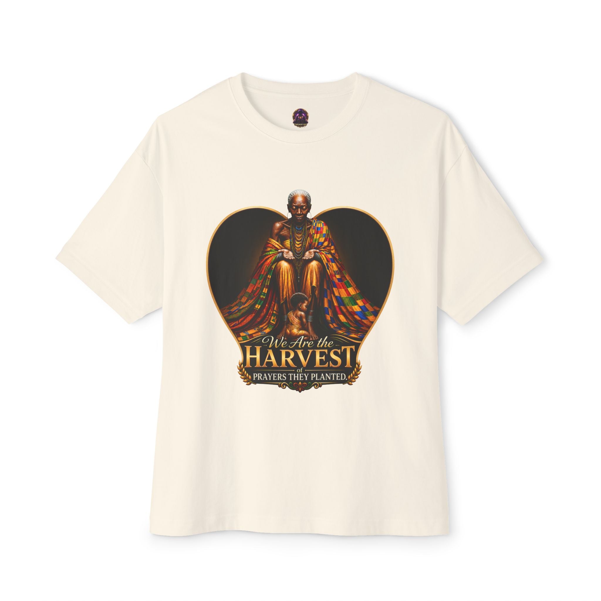 TimeWarp Drip – Oversized white tee with vivid generational artwork and bold uplifting blessing text, capturing premium urban street style. | premium streetwear