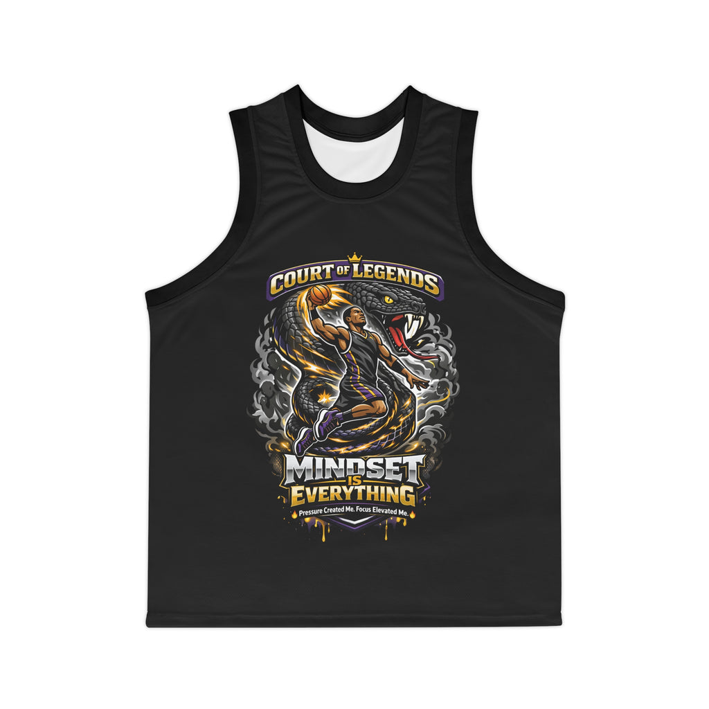 Black Court of Legends basketball jersey with all-over print design, featuring bold graphics and athletic style.