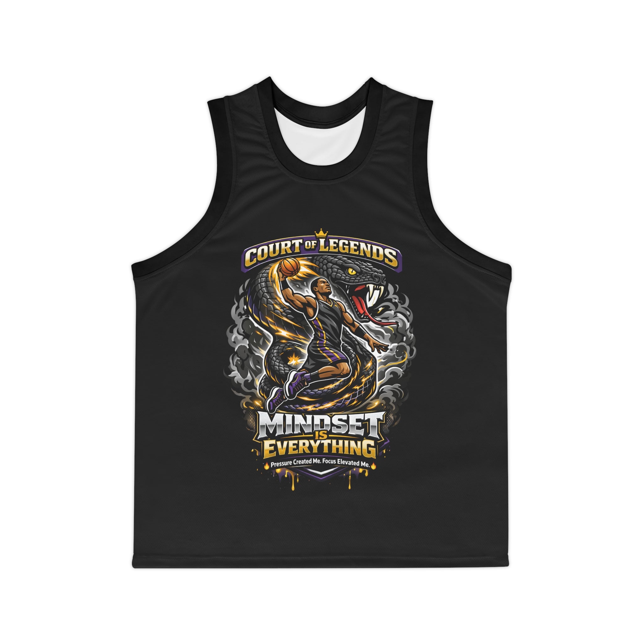 Black Court of Legends basketball jersey with all-over print design, featuring bold graphics and athletic style.
