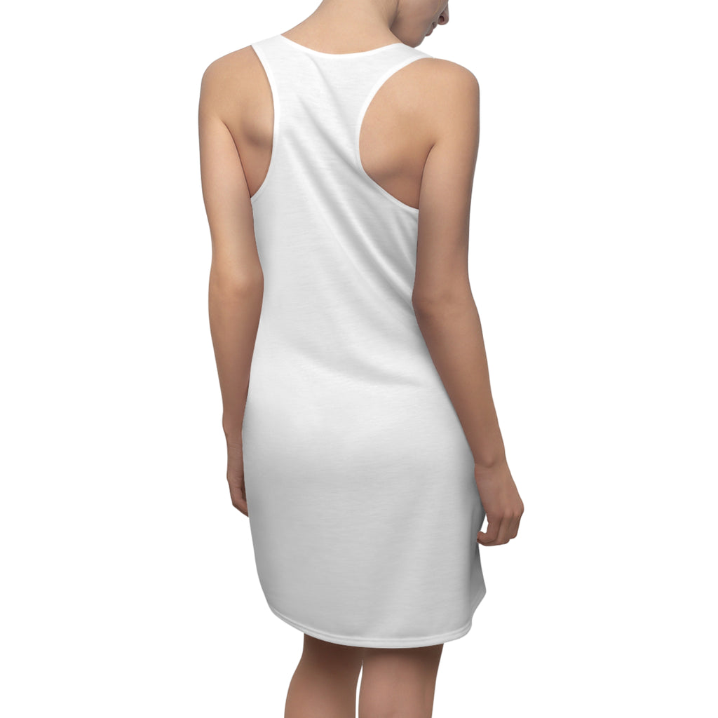 White racerback dress with "Big Apple Attitude" all-over print featuring New York City skyline design by TimeWarp Drip