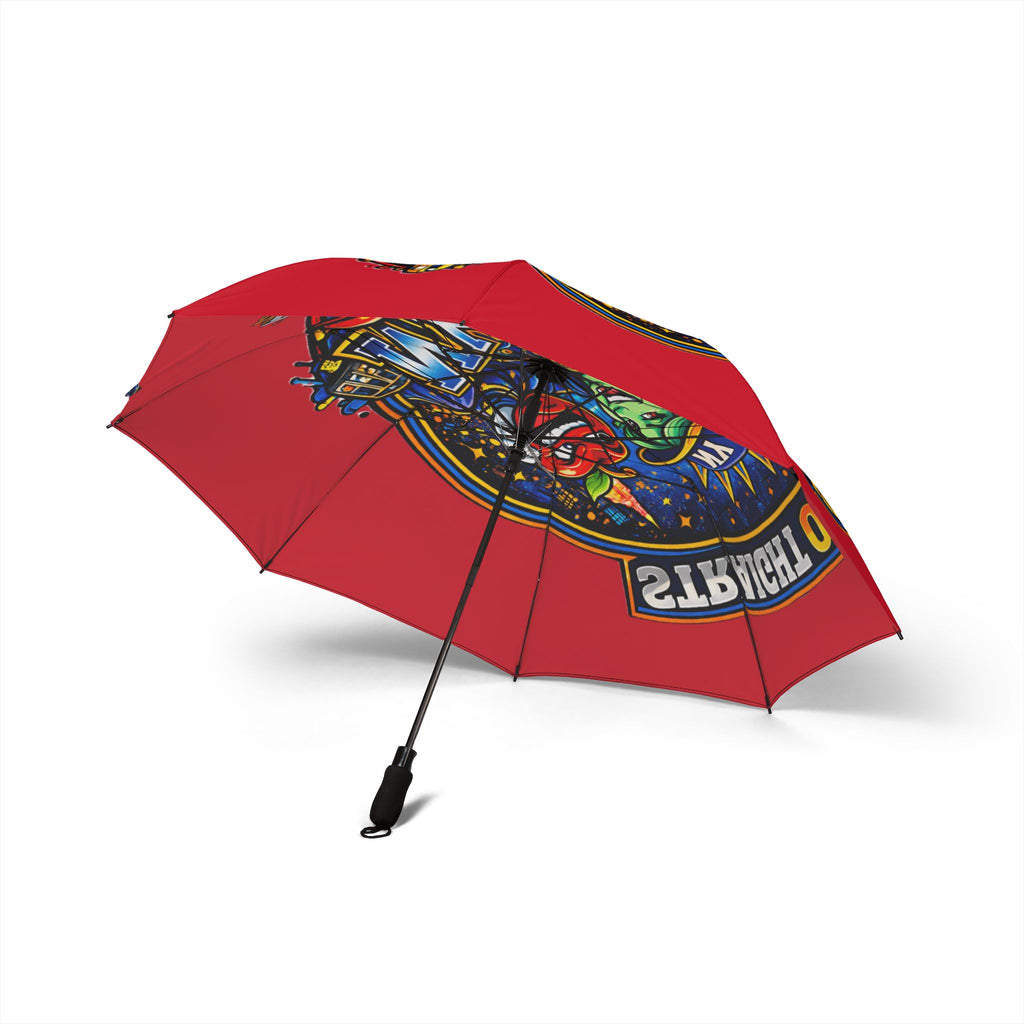 Red NYC Night Out foldable umbrella with colorful design, semi-automatic rain umbrella from TimeWarp Drip, accessories for rainy days.
