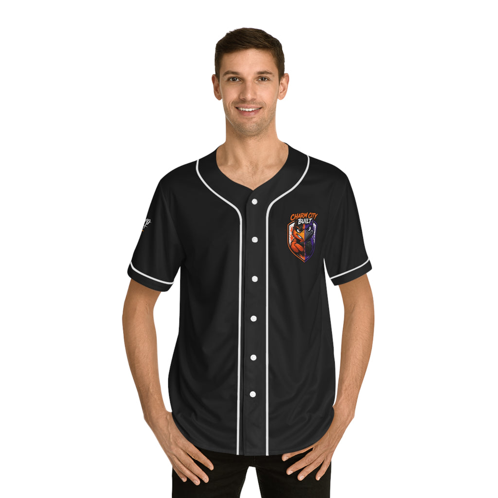 TimeWarp Drip – Black baseball jersey, bold Charm City Built script, worn by confident man; street silhouette, crisp white background. | premium streetwear