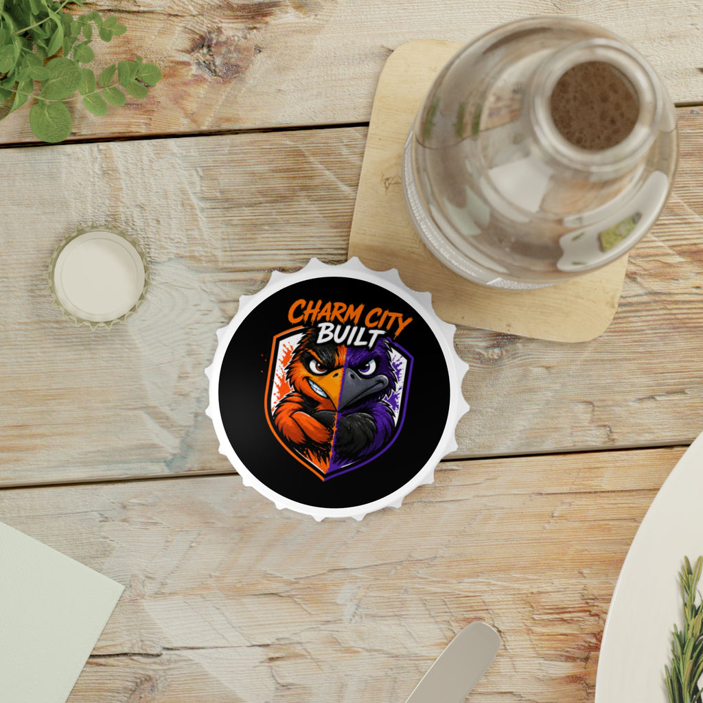 TimeWarp Drip Charm City Built Two-Tone Bottle Opener flexes orange/black bird faces—streetwise style on a wood table. 