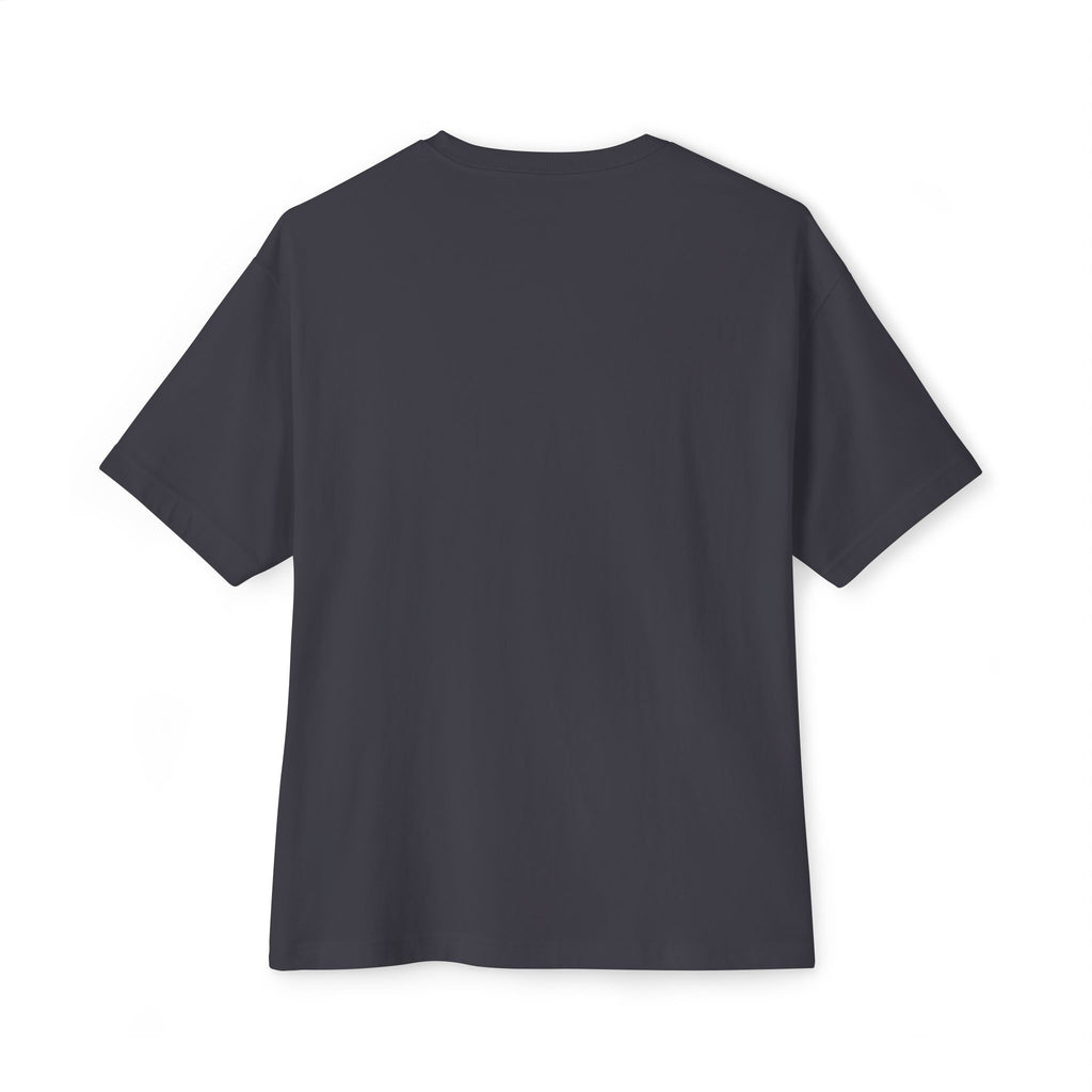 The Crowned In Every Era Unisex Oversized Boxy Tee is displayed flat, back side up, on a white background, showcasing its relaxed fit and boxy silhouette in dark gray.