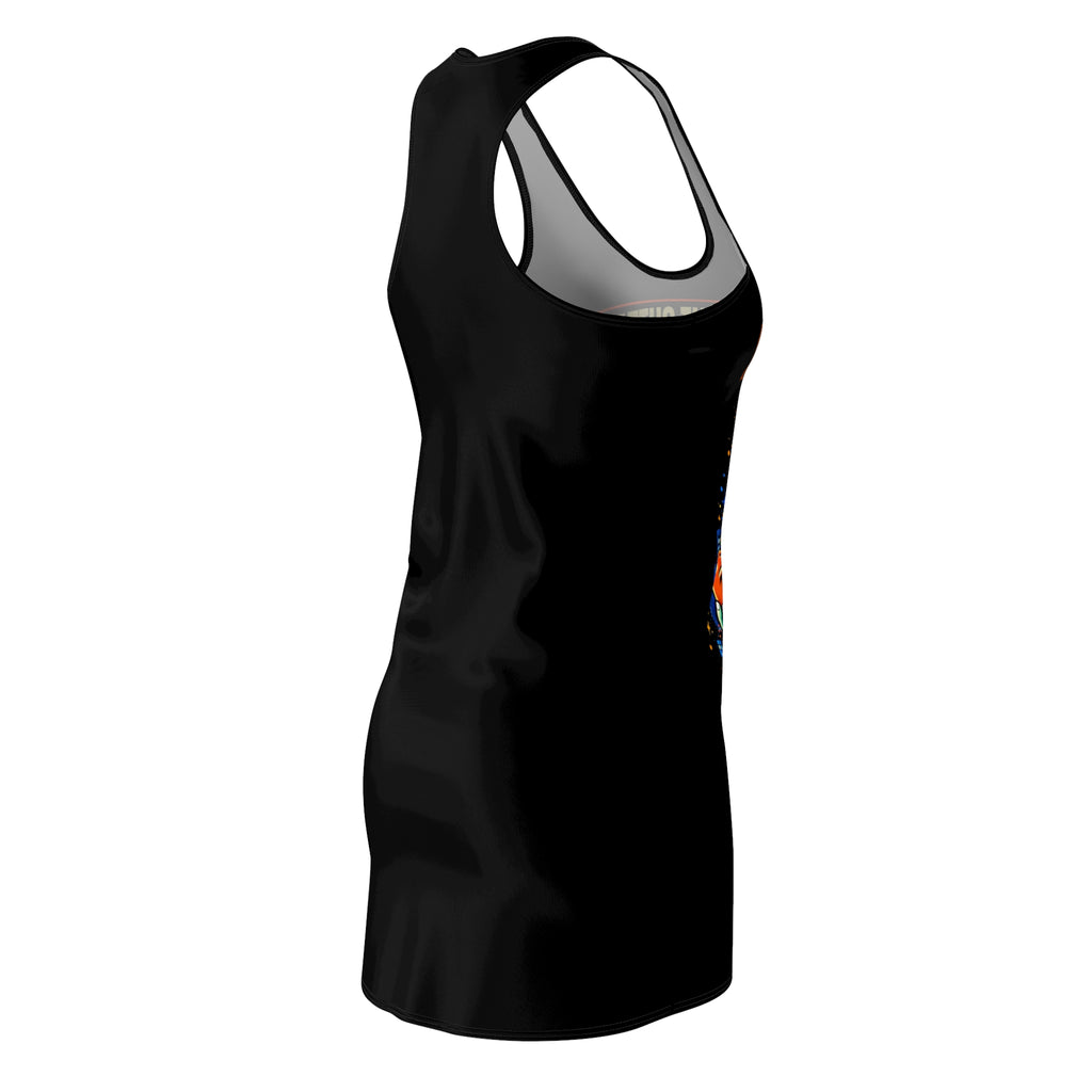 Black racerback dress with all-over "Straight Outta NYC Big Apple Attitude" print, stylish and casual fashion by TimeWarp Drip.