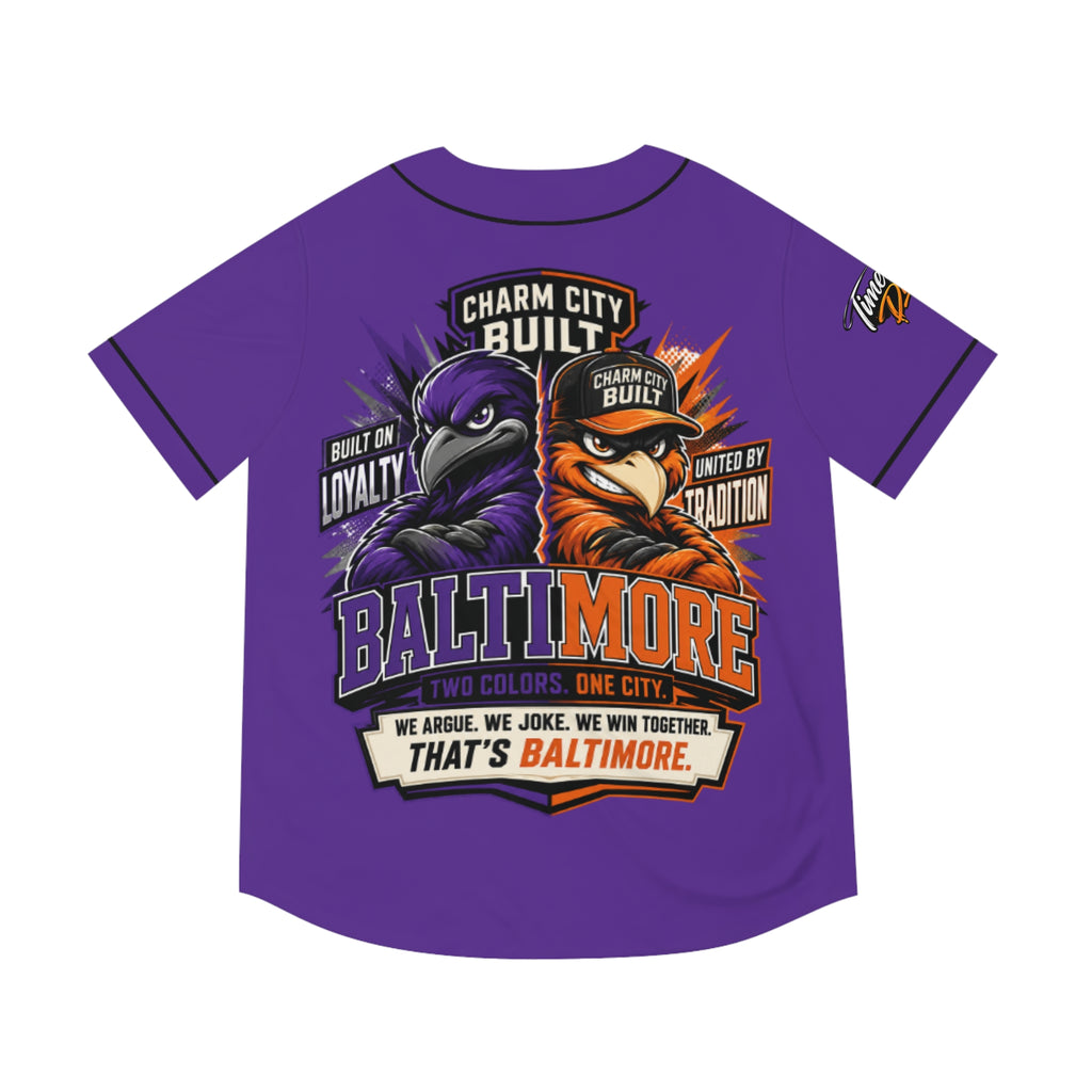 TimeWarp Drip – Purple baseball jersey with bold cartoon raven and oriole mascots, high-energy city vibe, luxe polyester streetwear style. | premium streetwear
