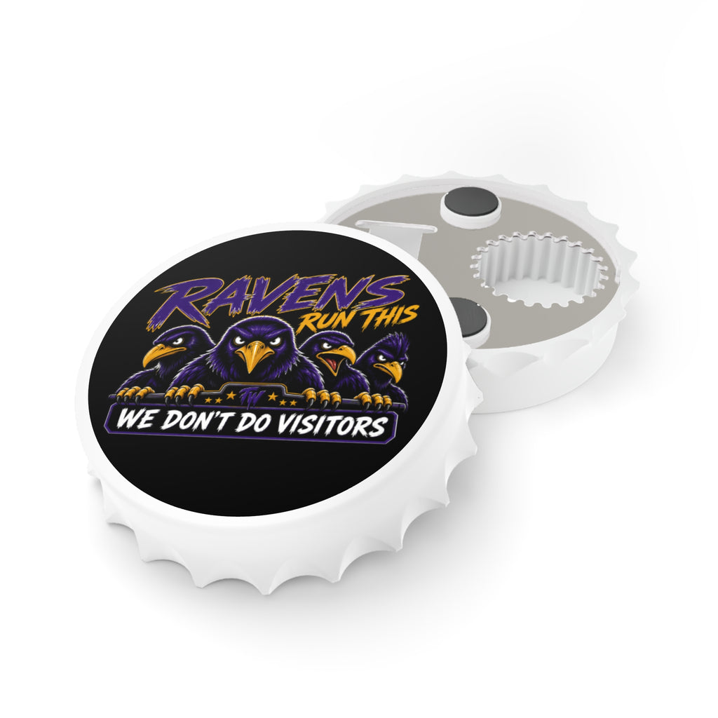TimeWarp Drip Home Flock Advantage black bottle opener rocks bold "We Don’t Do Visitors" sports vibes with savage ravens dripping on the lid. streetwear apparel
