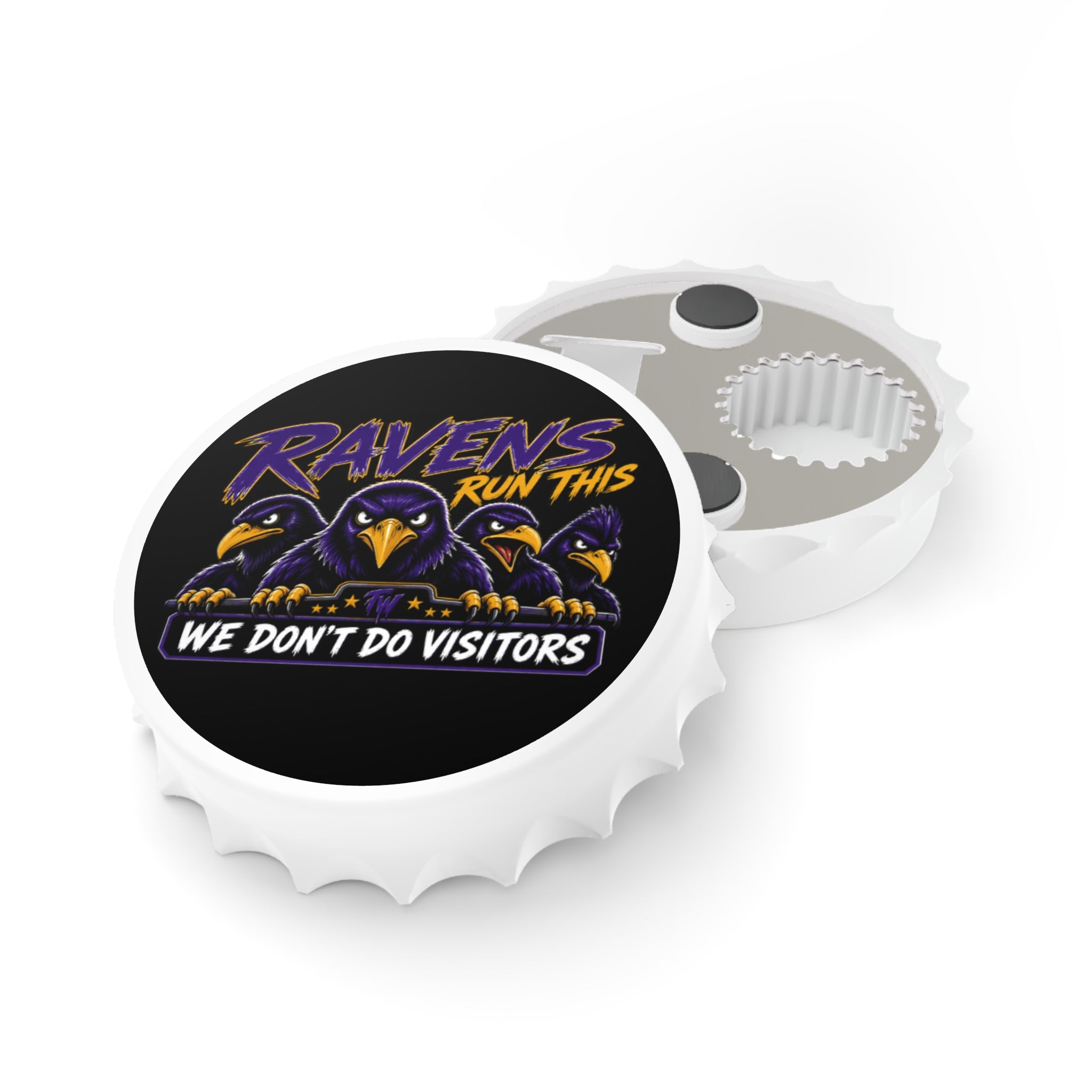 TimeWarp Drip Home Flock Advantage black bottle opener rocks bold "We Don’t Do Visitors" sports vibes with savage ravens dripping on the lid. streetwear apparel