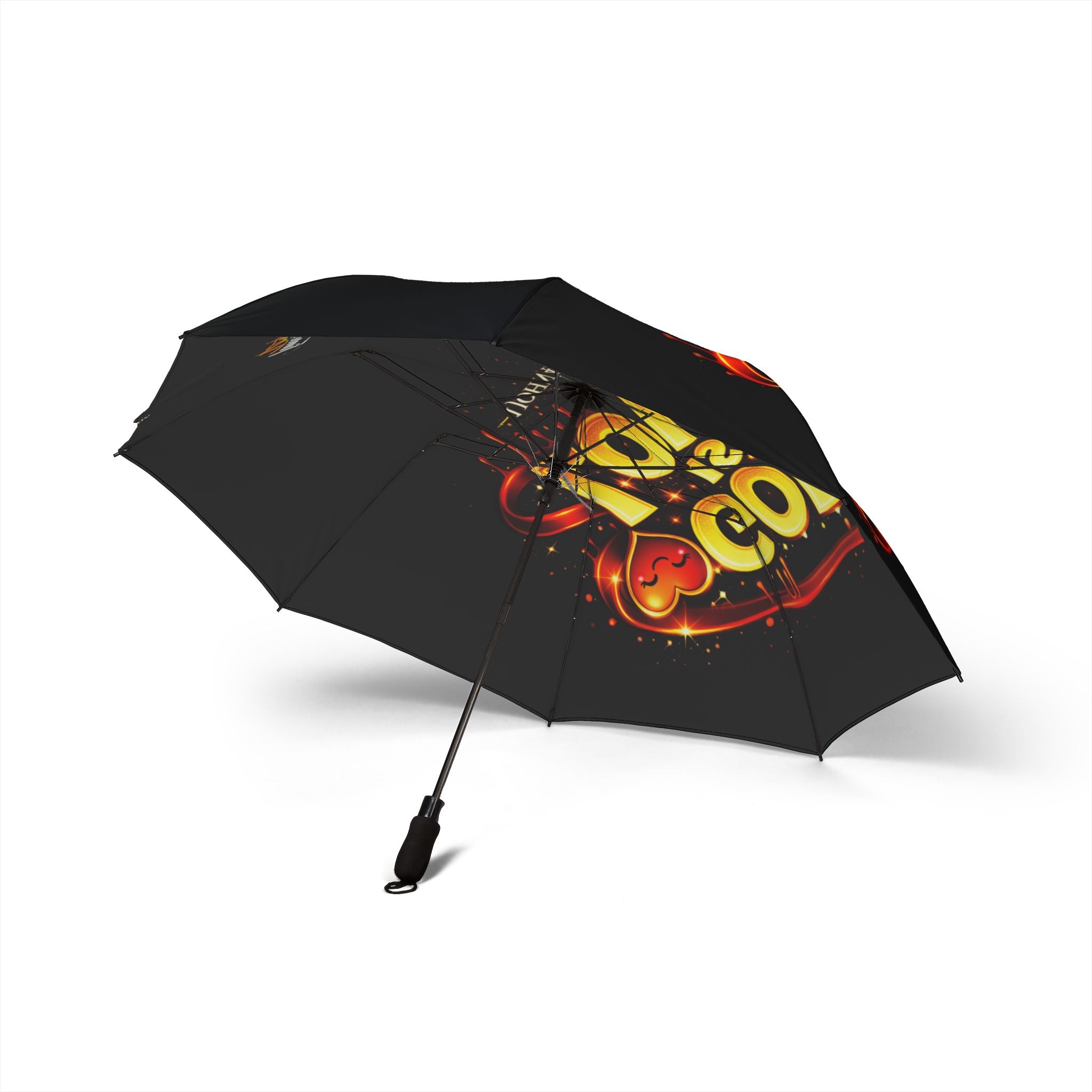 The "God Is Love" Design Foldable Black Umbrella features a bold, colorful inner canopy with bright lettering and heart accents. Semi‑automatic and one size, it's shown partially open on a white background.