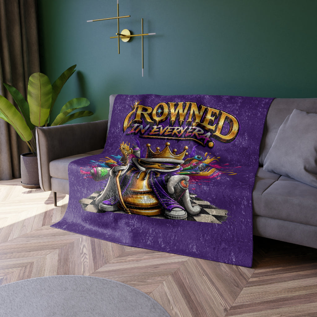 TimeWarp Drip Crowned in Every Era purple crushed velvet blanket—gold crown, fresh sneakers, and checkered flag—streetwise style.