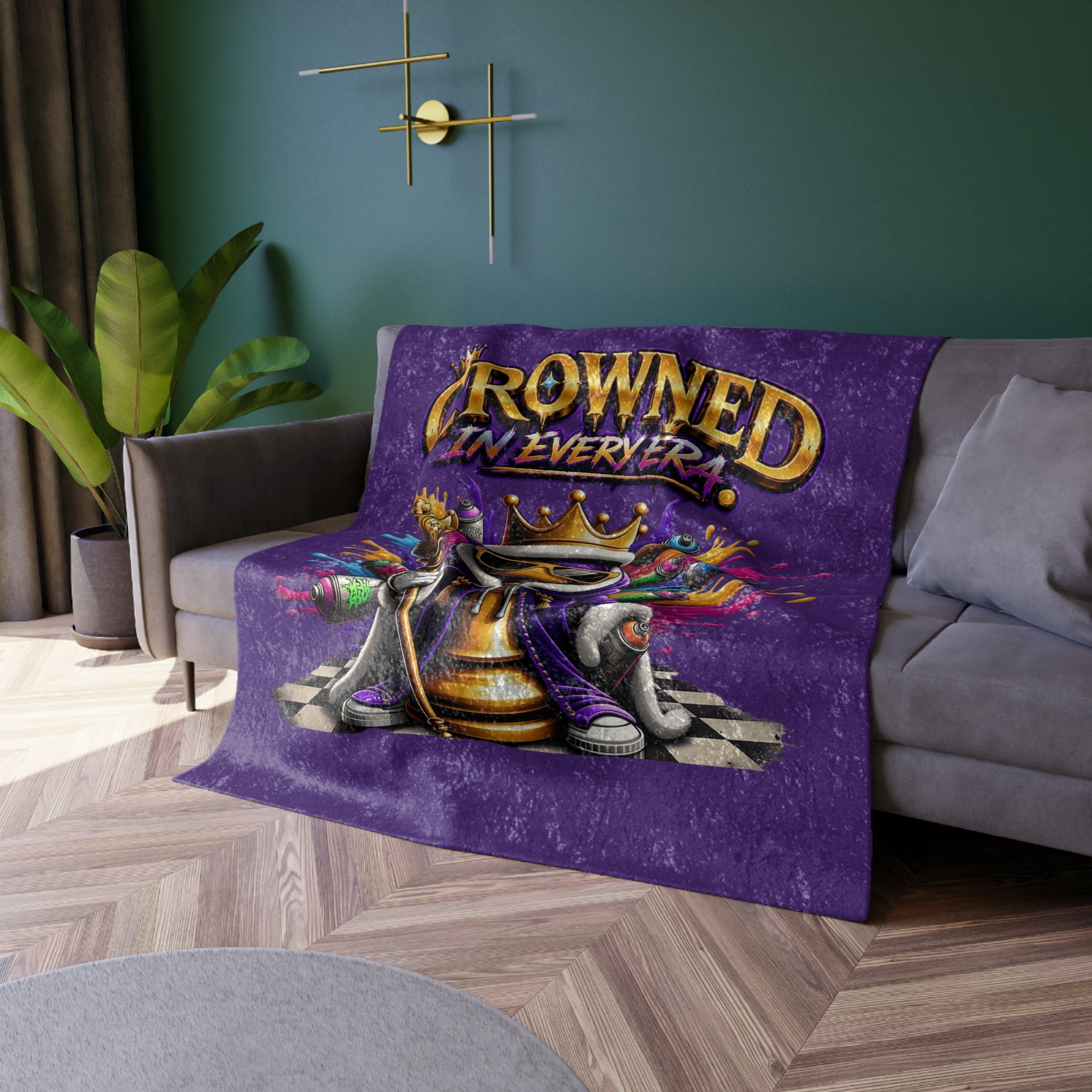 TimeWarp Drip Crowned in Every Era purple crushed velvet blanket—gold crown, fresh sneakers, and checkered flag—streetwise style.