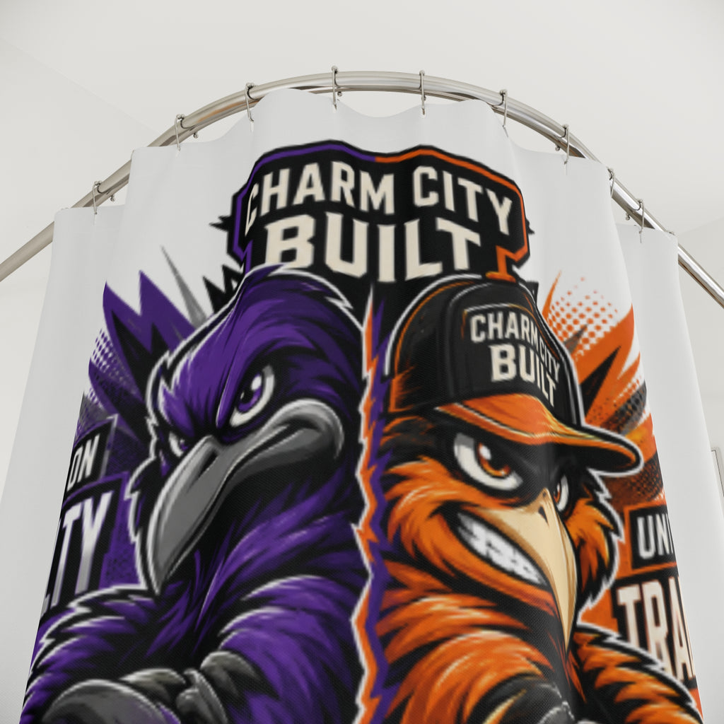 TimeWarp Drip ‘Charm City Built’ shower curtain pops in purple and orange birds—urban style, bold colors, Baltimore drip!. 