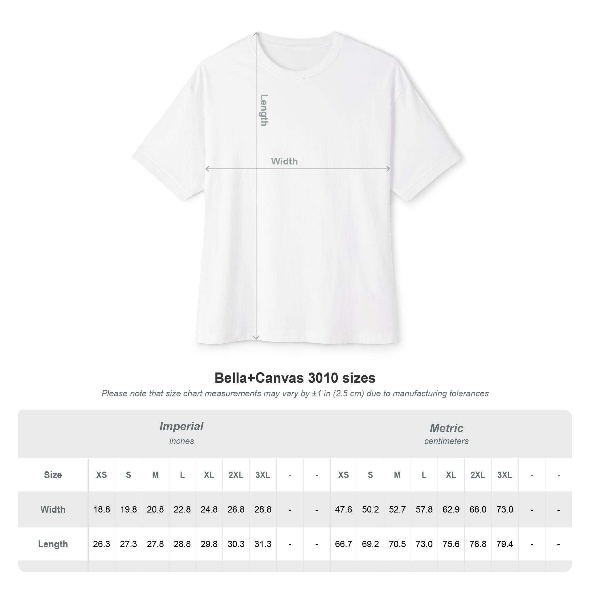 Diagram of the TimeWarp Drip Generation X Parenting "Come Get Em" Oversized Boxy T-Shirt in white with length and width shown. Below is a size chart for breathable cotton tees (XS–3XL) with measurements in inches and centimeters.