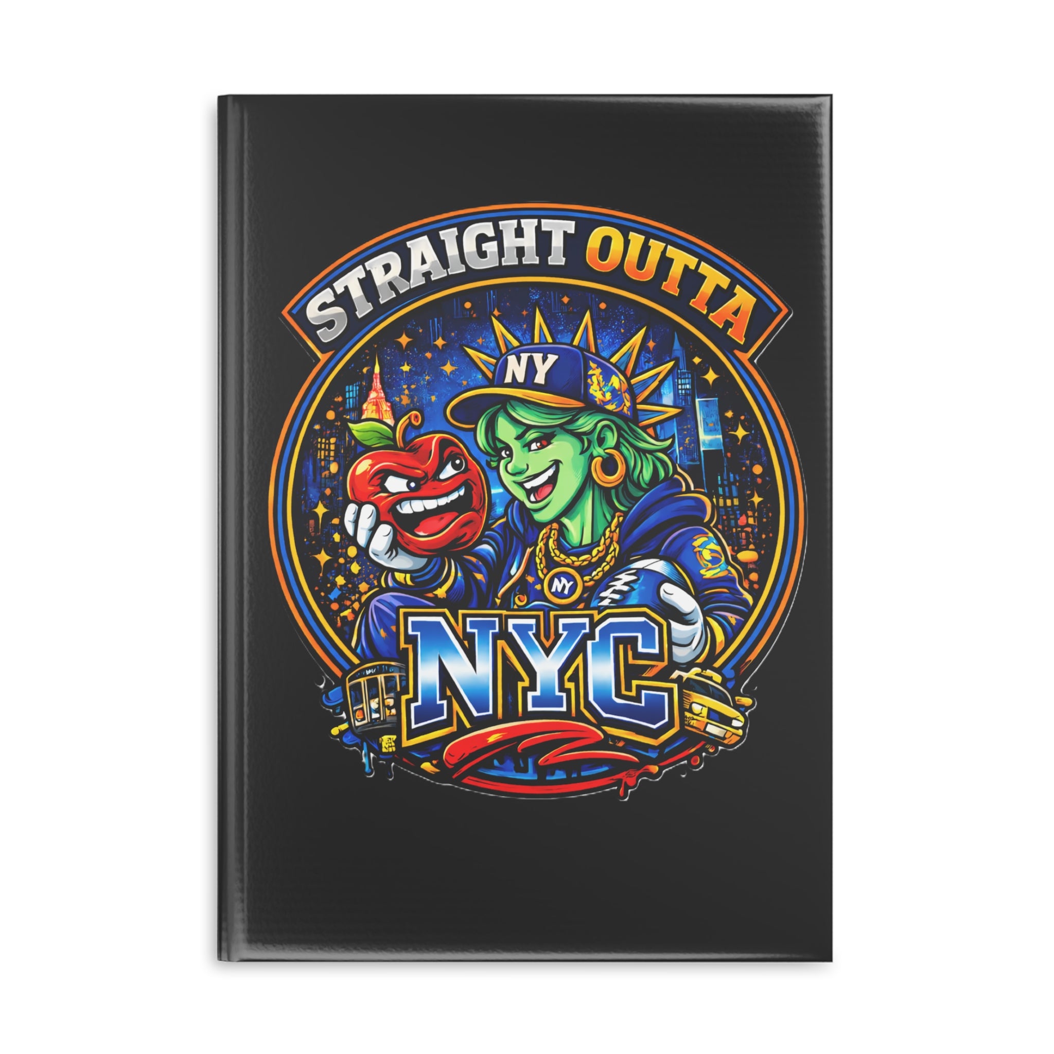 Black hardcover notebook featuring a New York City Statue of Liberty graphic for writing and journaling.