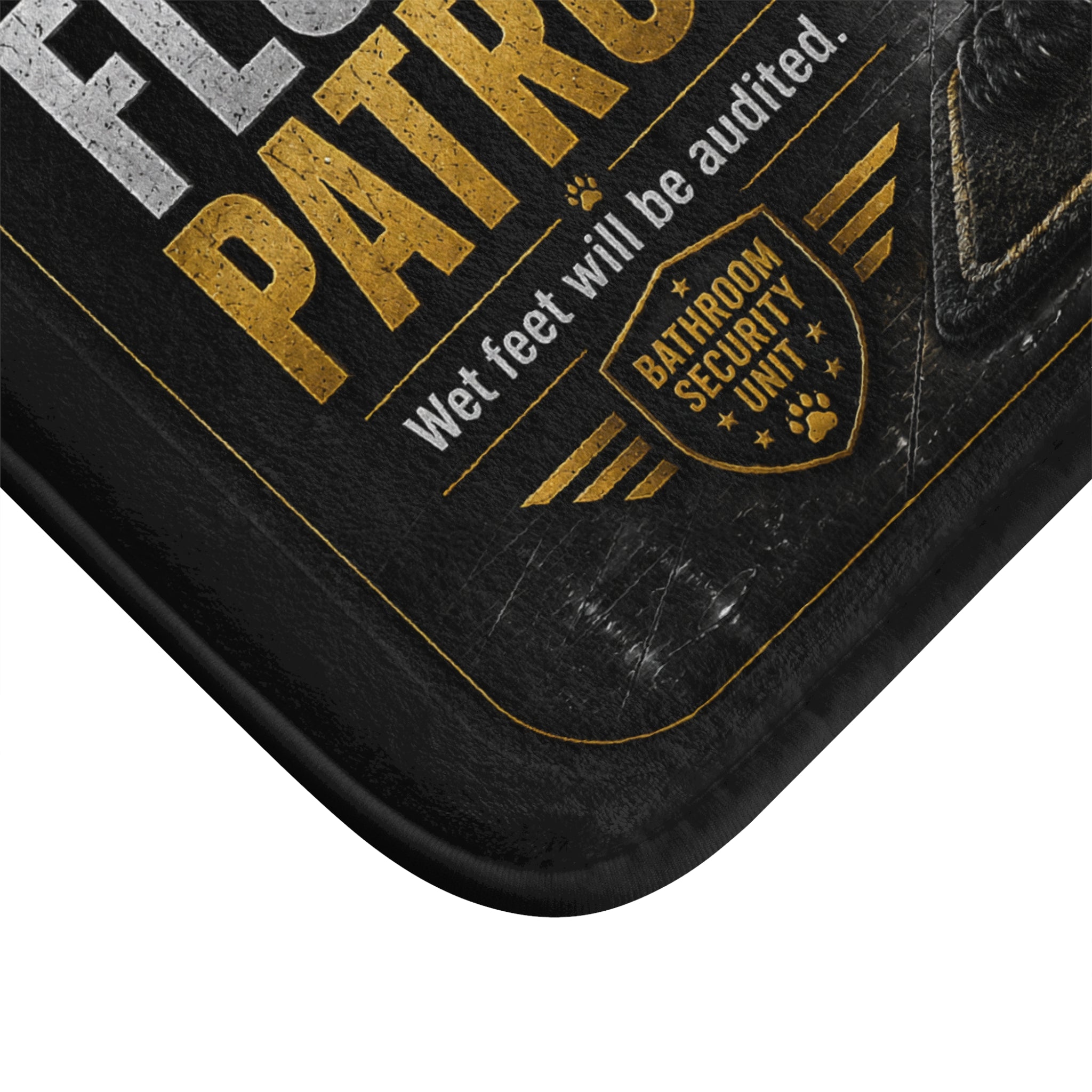 TimeWarp Drip Drip check! Black Panther Floor Patrol Bath Mat—bold, anti-slip memory foam with "Wet Feet Will Be Audited" streetwear flair. streetwear apparel