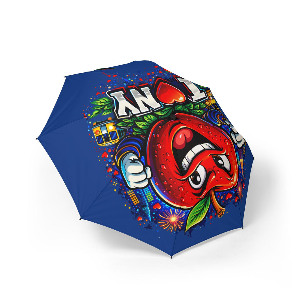 Blue I Love NYC foldable umbrella with colorful design, semi-automatic rain umbrella from TimeWarp Drip, compact and weather-resistant.