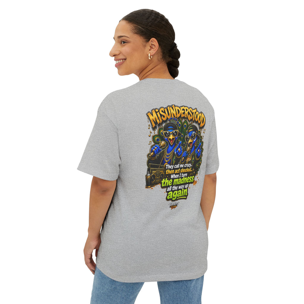 TimeWarp Drip – Oversized white street art tee with bold dual peacock graphic and "They Call Me Crazy I Call It Genius" slogan; urban edge. | premium streetwear