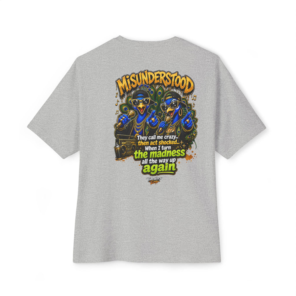 TimeWarp Drip – Black tee with vivid blue cartoon peacocks, oversized bold quote on back; city-ready Premium Urban Fashionpulsing with attitude. | premium streetwear