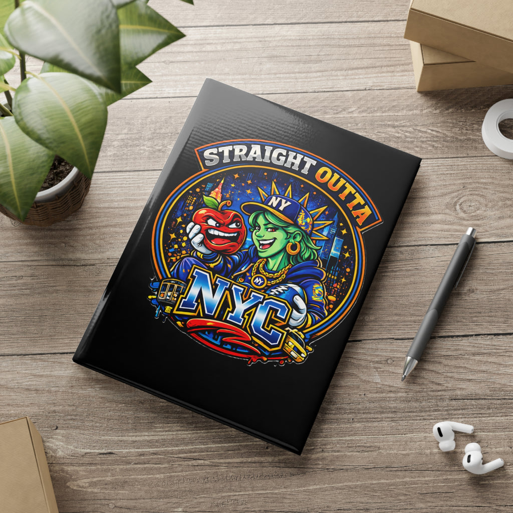 Black hardcover notebook with "Straight Outta NYC" and Statue of Liberty graphic, featuring a puffy design and paper journaling pages.