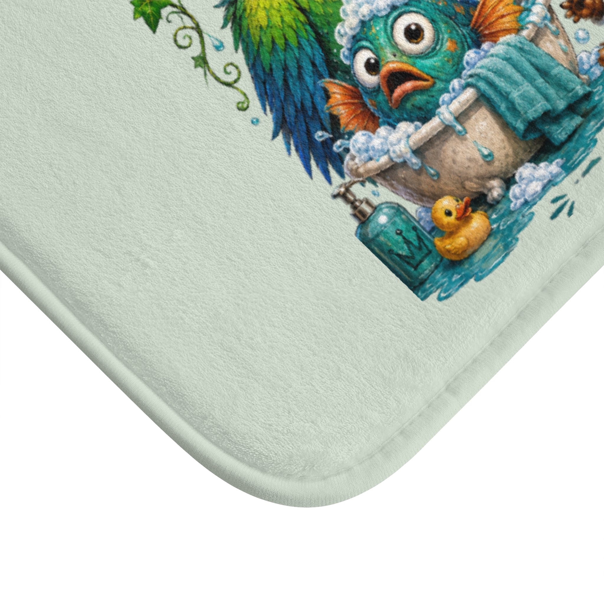 TimeWarp Drip Drip-ready sage green bath mat: funky bird and duck flexin’ bubbles in the “Wrong Body, Right Bathroom™” streetwear style. 