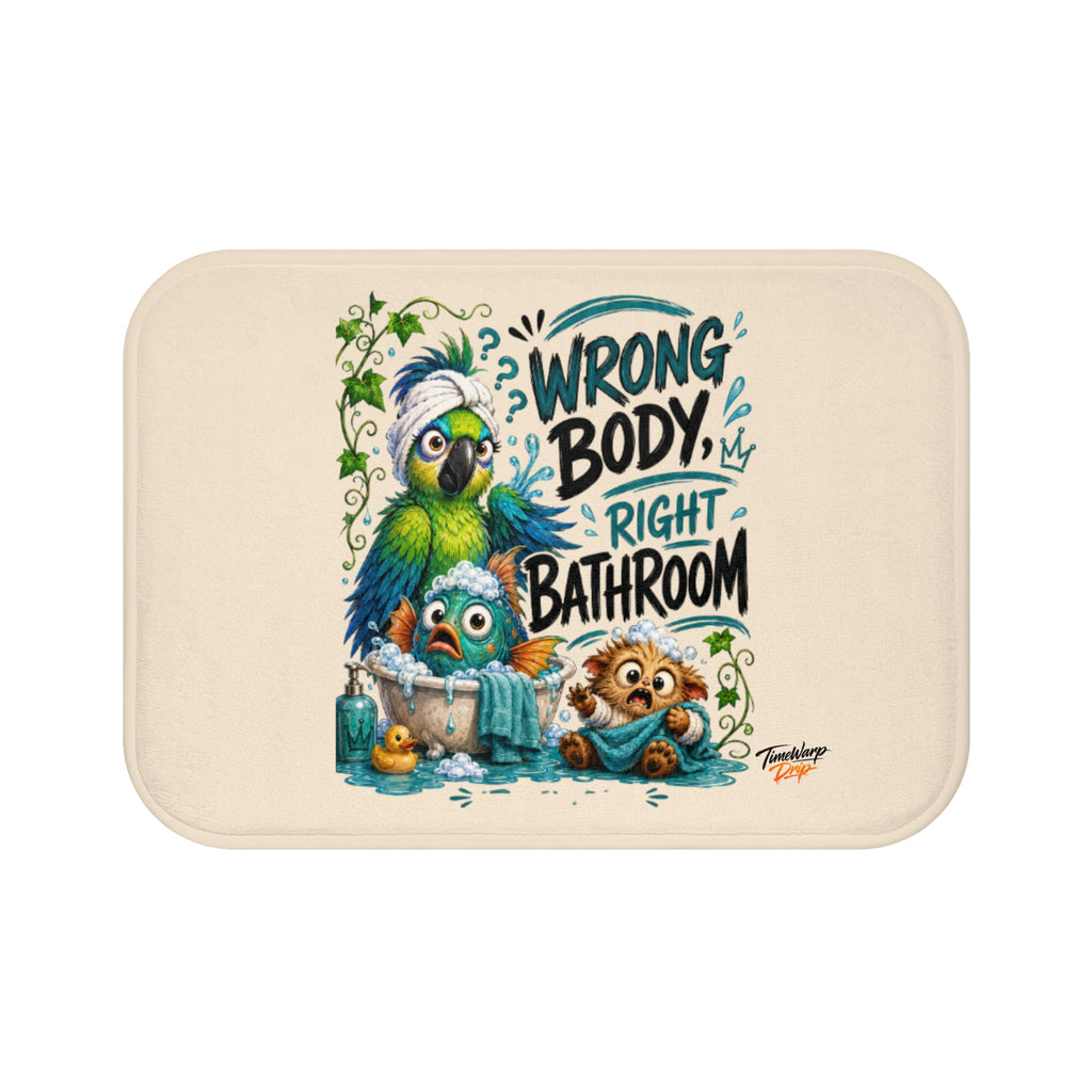 TimeWarp Drip beige bath mat, “Wrong Body, Right Bathroom™”, dripping with street style, wild cartoon creatures in a tub. streetwear apparel