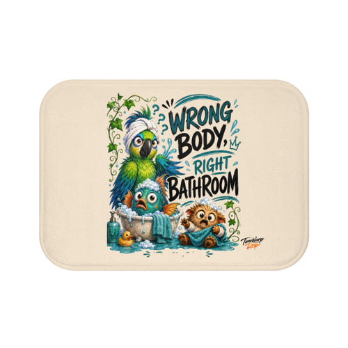 TimeWarp Drip beige bath mat, “Wrong Body, Right Bathroom™”, dripping with street style, wild cartoon creatures in a tub. streetwear apparel