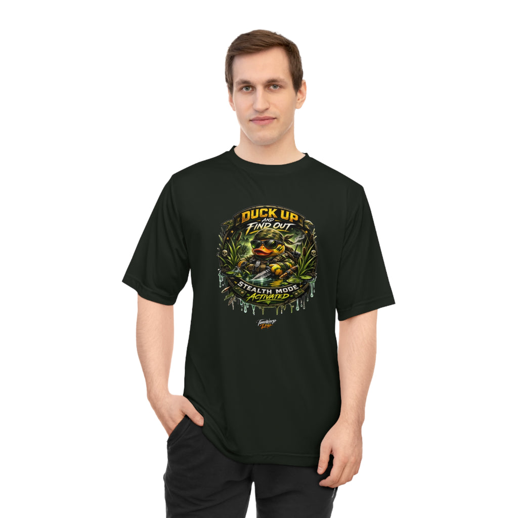 TimeWarp Drip Man rocks a bold Duck Up Find Out Veteran Camo Tee by TimeWarp Drip —streetwise drip, classic camo print (XS–2XL), one hand pocketed. Premium Urban Fashionapparel