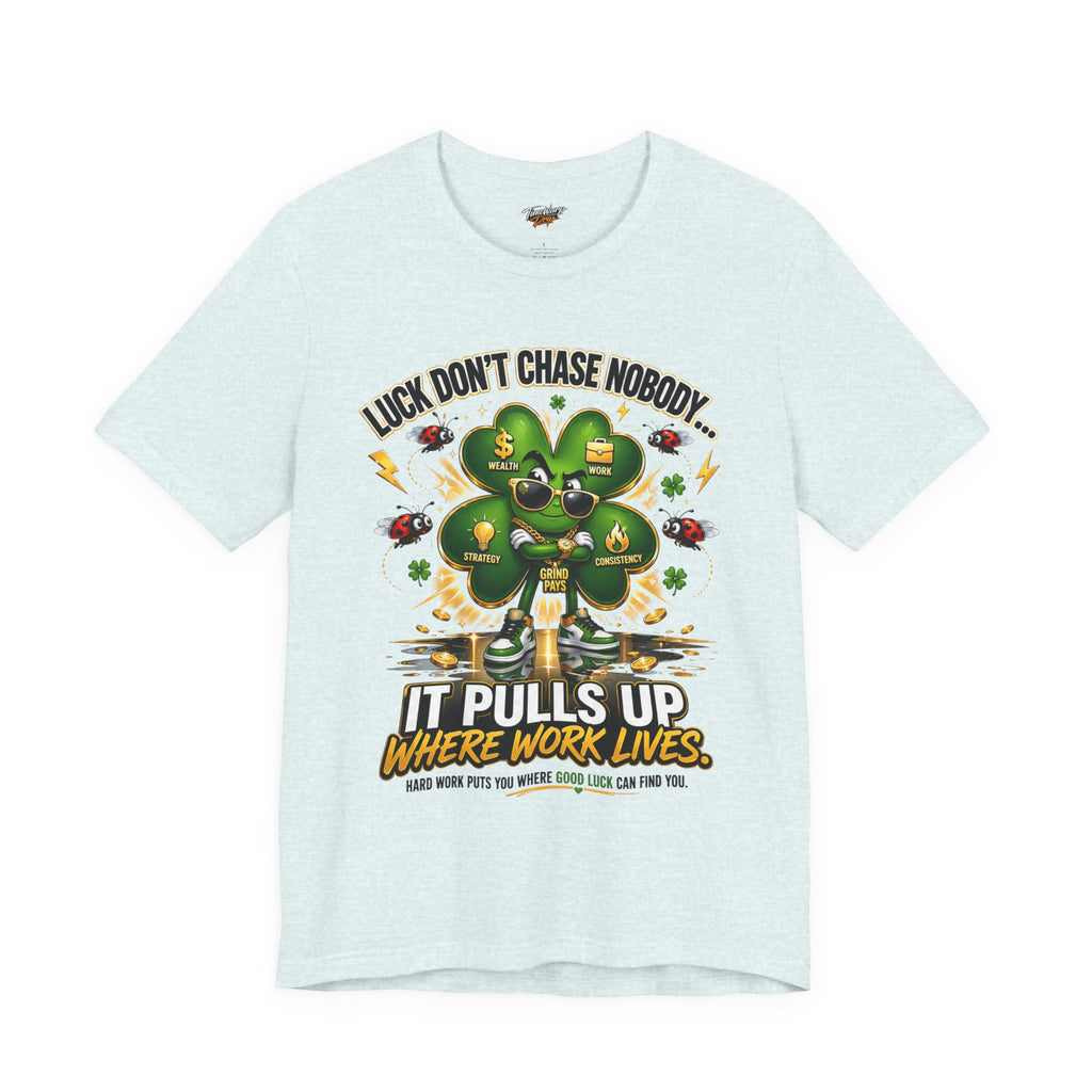 TimeWarp Drip Black Printify 4-Leaf Clover tee—money symbols pop, “Luck Don’t Chase Nobody.” Airlume cotton, streetwear drip. streetwear apparel
