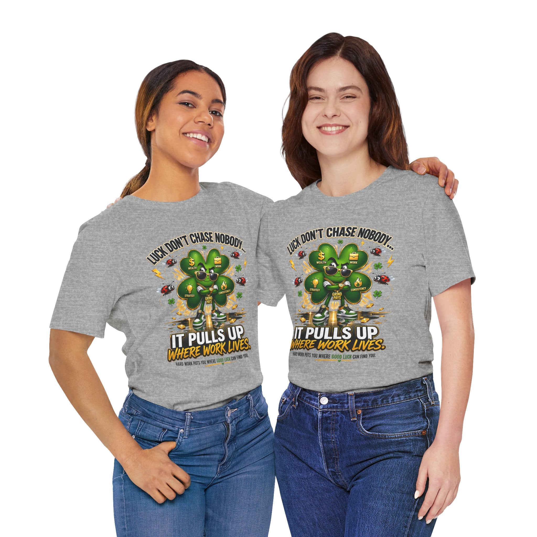 TimeWarp Drip Two women rock bold black Printify streetwear tees, twin in 4-leaf clover drip and a fierce Luck Don't Chase Nobody quote. streetwear apparel