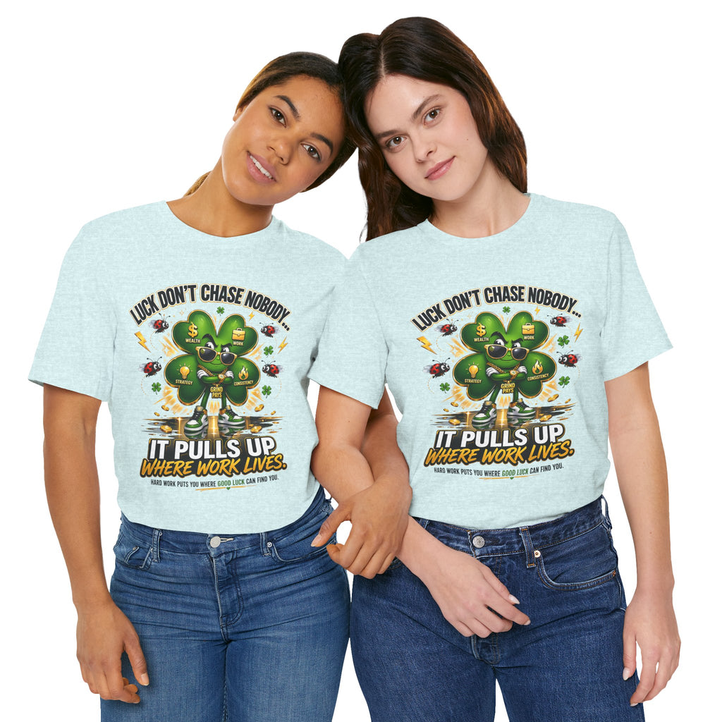TimeWarp Drip Two women flex bold black Lucky Clover street tees by TimeWarp Drip—urban graphic drip in S, M, L, XL. Style turned up!. streetwear apparel