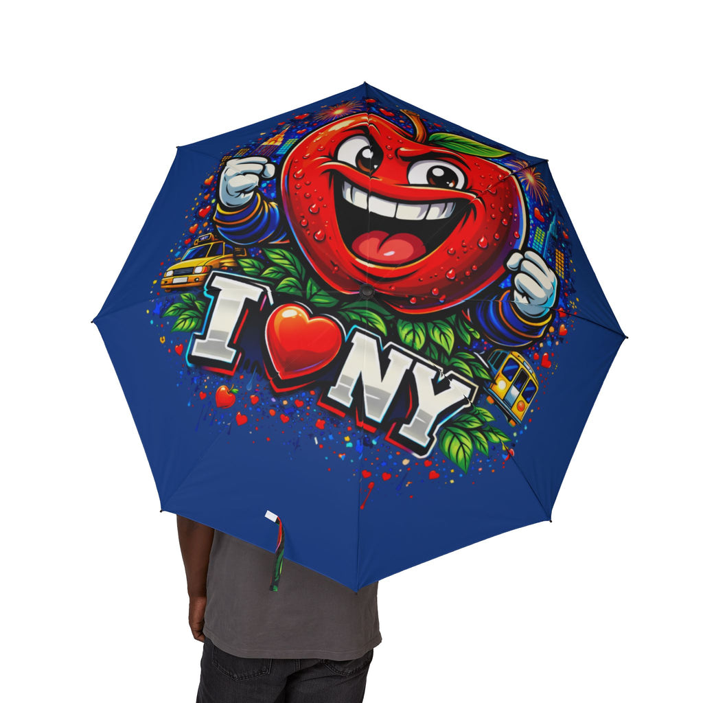 Blue I Love NYC foldable semi-automatic rain umbrella with colorful cityscape design, accessory by TimeWarp Drip.