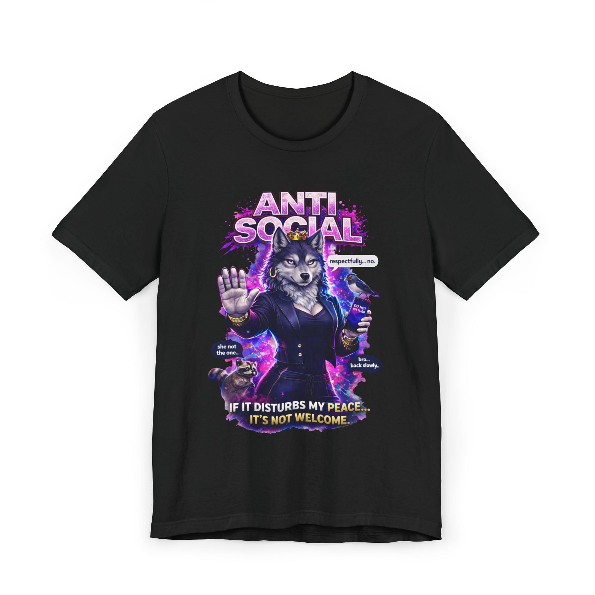 The Anti Social She-Wolf T-Shirt is a black graphic tee for introverts, featuring a snarky wolf in a suit with purple and blue accents. The text reads ANTI SOCIAL and IF IT DISTURBS MY PEACE... ITS NOT WELCOME with glowing speech bubbles.