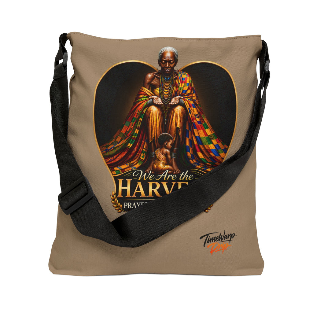 TimeWarp Drip – Generational Blessing black tote bag with bold elder graphic and “We Are the Harvest” street print, Juneteenth edition. | premium streetwear