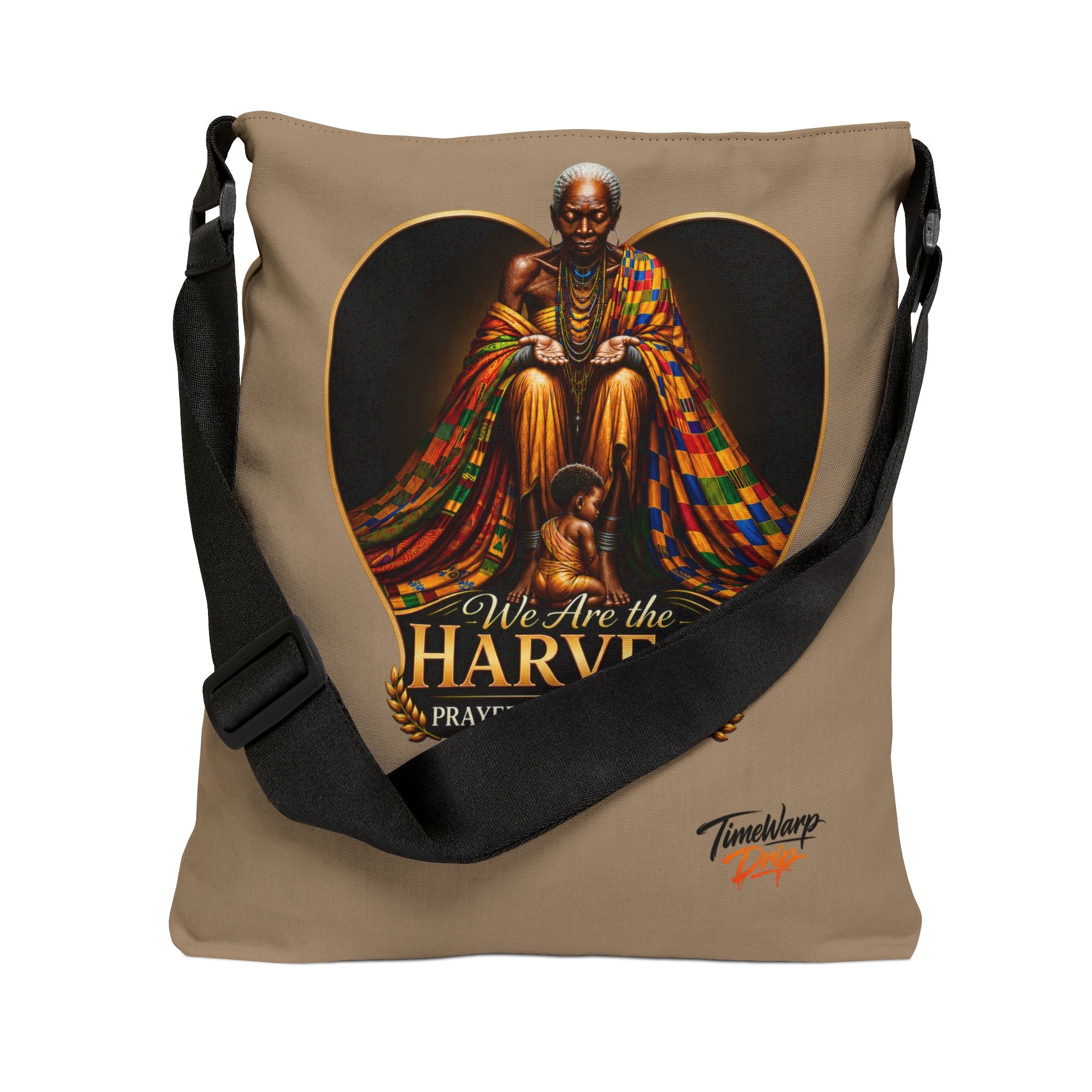 TimeWarp Drip – Generational Blessing black tote bag with bold elder graphic and “We Are the Harvest” street print, Juneteenth edition. | premium streetwear