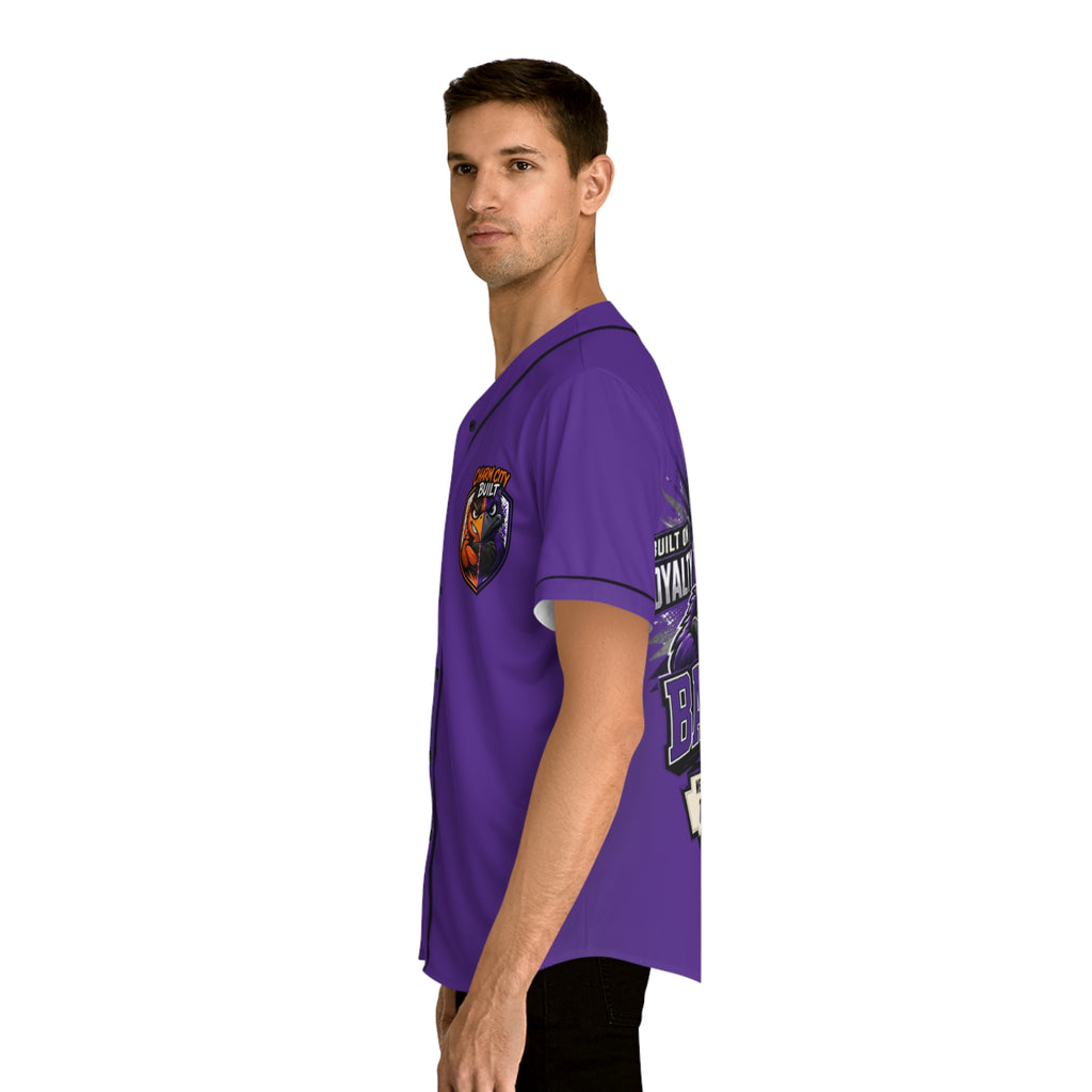 TimeWarp Drip – Purple Charm City Built baseball jersey with bold white script, worn sideways for sharp urban street style on white background. | premium streetwear