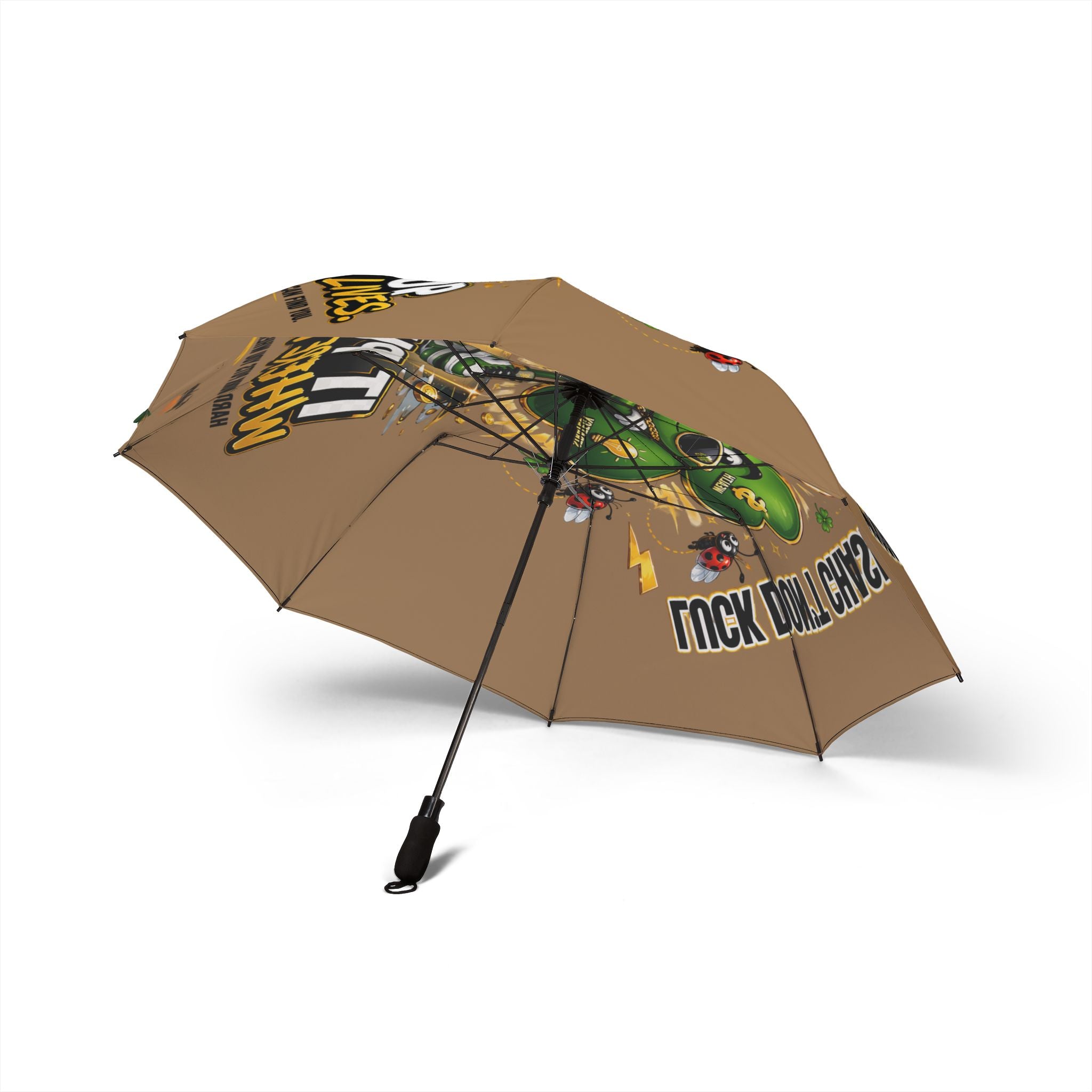 TimeWarp Drip Printify Lucky Clover brown 48" foldable umbrella, bold street style, cartoon green motorcycle, confident graphics. streetwear apparel