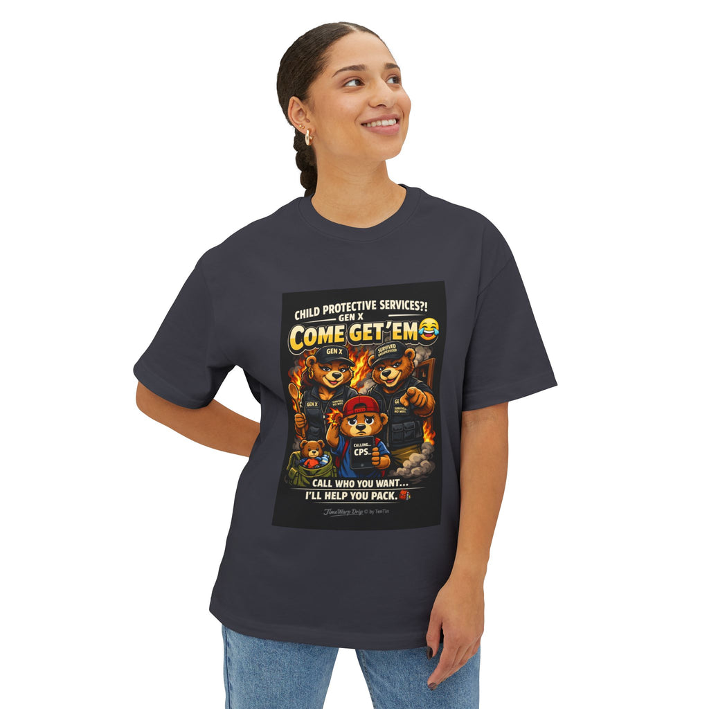 A woman with curly hair tied back smiles upward, wearing TimeWarp Drip’s Generation X Parenting "Come Get Em" Tee—an oversized boxy cotton t-shirt with a colorful cartoon and witty Gen X parenting reference.