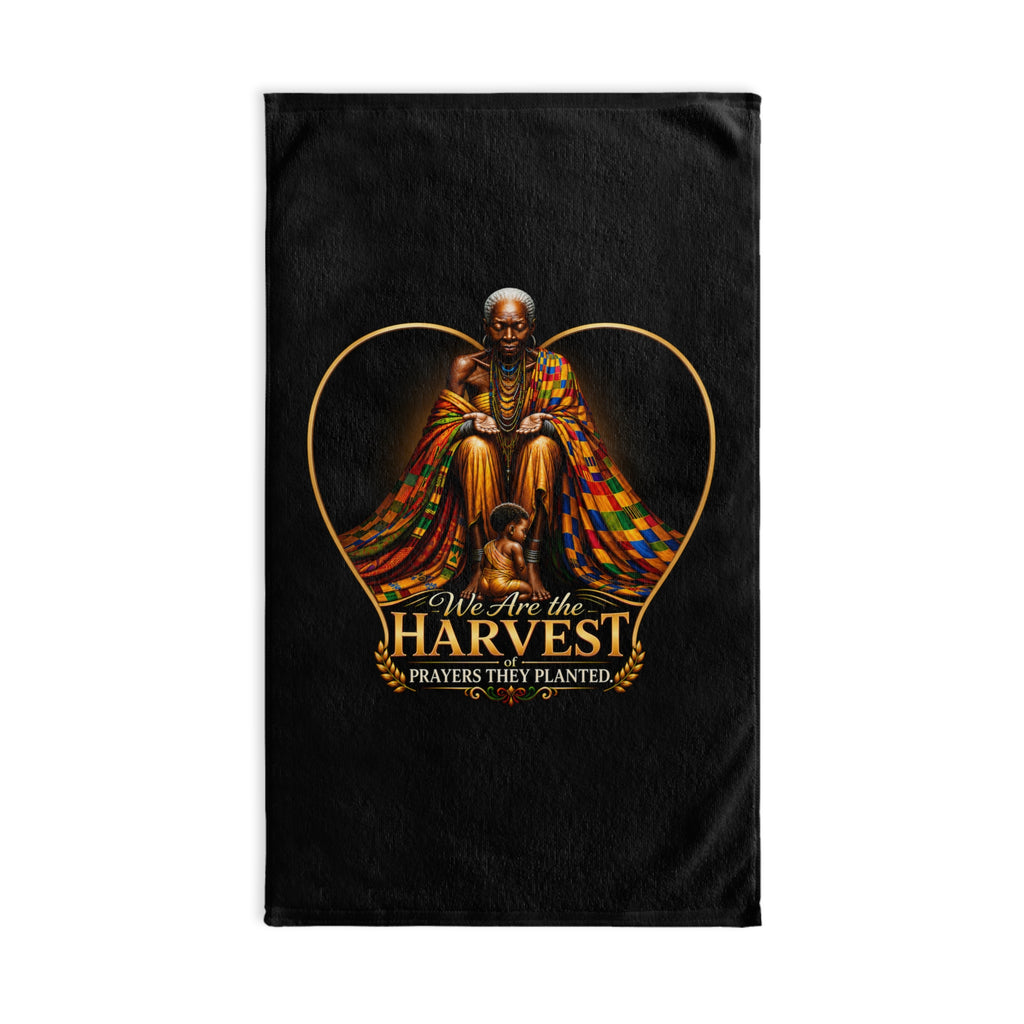 TimeWarp Drip – Heritage Heart Hand Towel in bold multicolor, powerful “Rooted in Legacy” text; urban vibes, generational city soul. | premium streetwear
