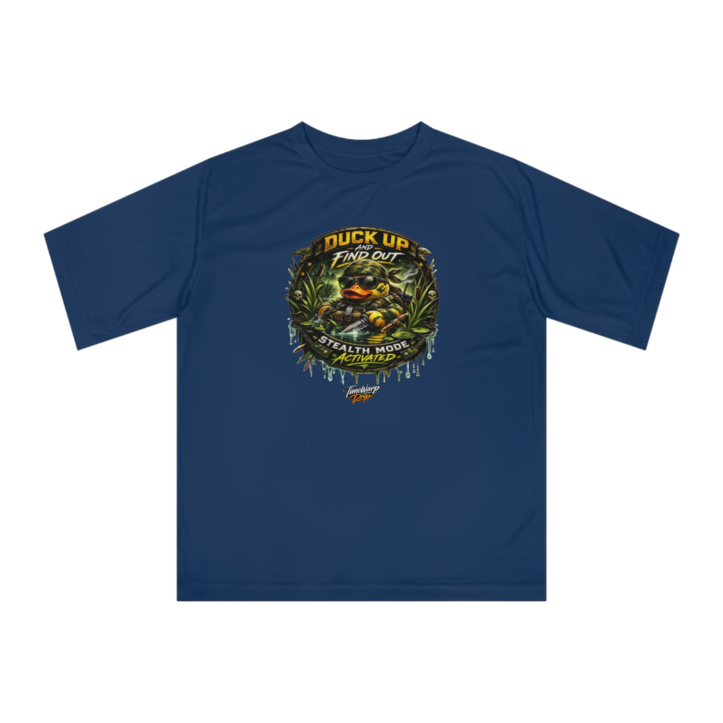 TimeWarp Drip Duck Up Find Out Camo Tee—bold veteran Premium Urban Fashionin urban camo; performance fit, XS-2XL, check size chart for drip details. Premium Urban Fashionapparel